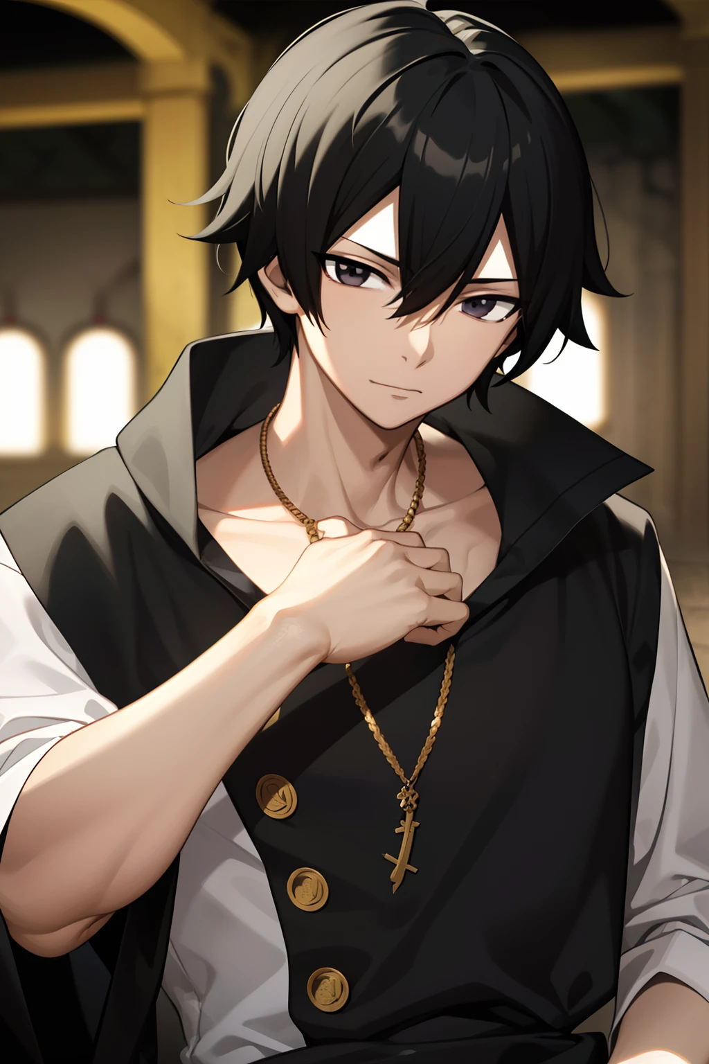 Masterpiece, Best Quality, hiquality, 1boy, 独奏, male focus, looking a viewer, upper-body, Zeref, Greek clothes, black hair, gray eyes, Malice, closed mouth, ombre