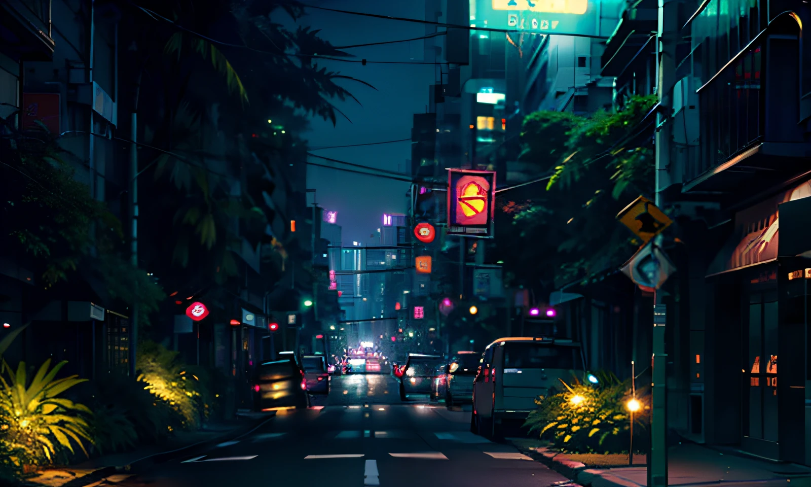 ，wild animals，Purple light，Headgear lens，the street，The city at night，Green plants that break through the ground，jungles，Slightly networked，Empty，neonlight（with dynamism，photograph realistic，realisticlying，dramatics，darkly，Clear focus，8K）