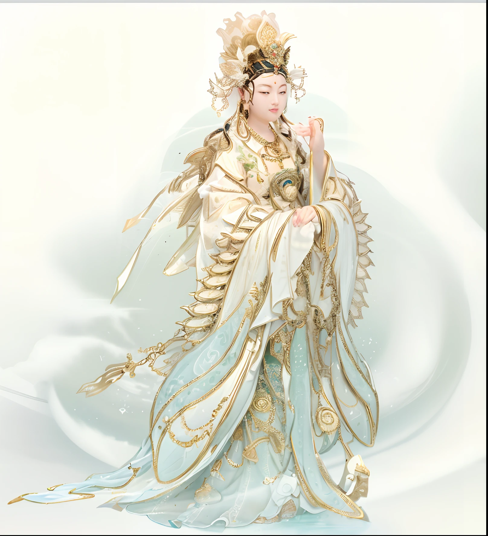 Queen Mother of the West, Queen Mother，Queen Mother of the West， Chinese palaces scattered in a sea of clouds not far away， Clouds in the foreground, Clear and clear fingers, Clear and distinctive toes, Clear and vivid facial features,jewelry, leafs, the lilies, Lily_pads, necklace, Phoenix crown，Gorgeous phoenix robe，Chinese palaces, paths, lotuses， Sharp focus, sun's rays, Sparkling ripples, Wind ripples, hyper-high detail, Realphotos, Intricate details, Perfectcomposition, beautiful detailed intricate, 8 K photography, Photorealistic, Masterpiece, photo-realistic, Image Enhancement,Image post-processing,Image retouching