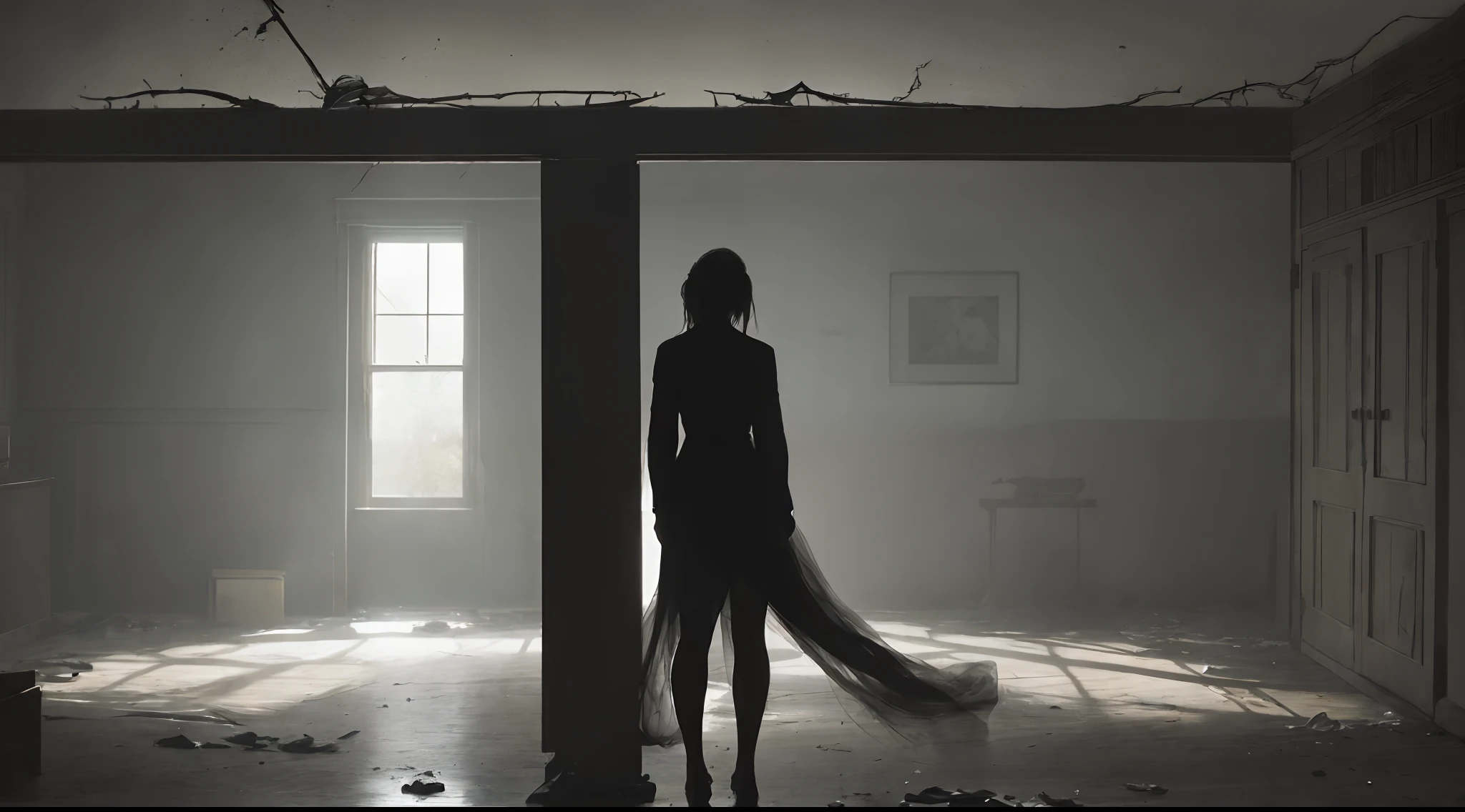 Stable Diffusion Prompt optimized content：
"Ainsley Greenburg, a resilient fixer, confidently stands in a dimly lit room, surrounded by shattered dreams. The fate of her marriage hangs in the balance. Captured from a powerful perspective, the shot focuses on her silhouette from behind, evoking a sense of mystery and tension."