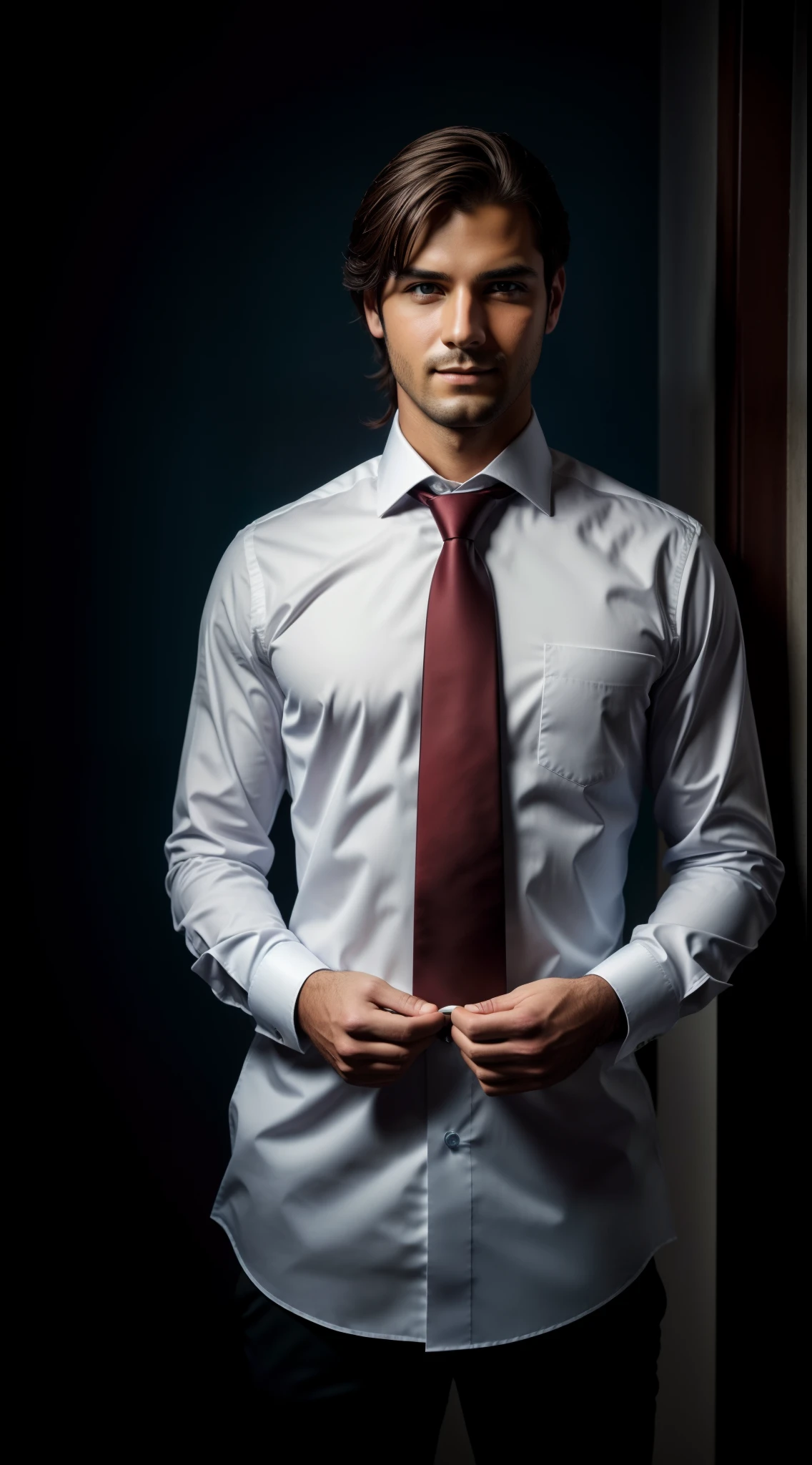((1hombre)) apuesto, de negocios, ojos verdes, piel con leves imperfecciones que lo haga lucir aun mas real, Listo para presentar un video motivacional de negocios. Se ve confiado, Charismatic and reliable. Lleva un elegante traje azul marino a medida., with a crisp white shirt and bright red silk tie. Her dark brown hair is perfectly divided on one side. Smiles kindly looking directly at the camera, con una postura abierta y relajada. Holds a wireless microphone in your hand. Behind him is a stage with professional blue wallpaper, y una mesa de cristal con un MacBook abierto, a cup of coffee, and several outstanding books such as The 7 Habits of Highly Effective People. Scenario design conveys authority and inspires the audience to succeed in business and entrepreneurship..., tema oscuro, Ultra Resolution, hiperrealista, HDR, absyrdres, Cinematic shot, vignette, centrado, Distancia focal larga, DSLR, muelle 200 mm, foto por Cristina Otero, estudio oscuro, Rim Lighting, two-color illumination, Poca luz, discreto, Luz de fondo,
