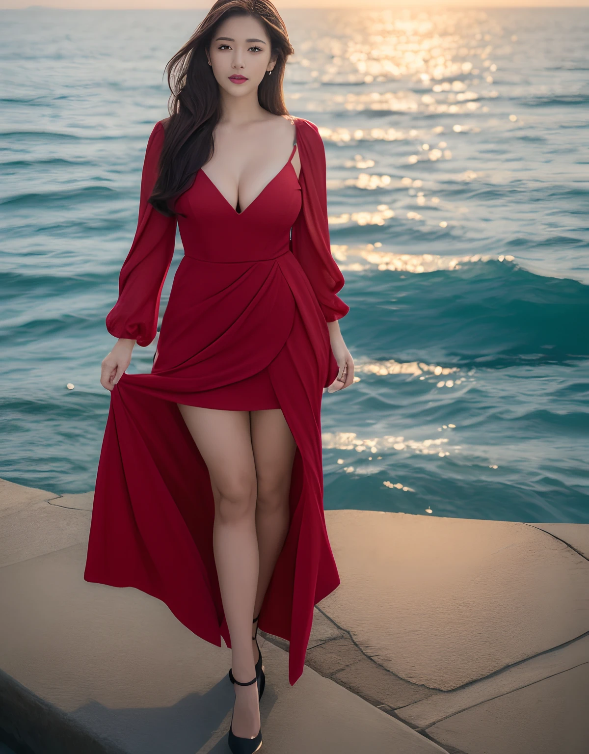(Daytime, Excellent, 8K, Masterpiece:1.3)), full bodyesbian, Long legs, Focal length: 1.2, Perfect body beauty: 1.4, Slim abs: 1.1, ((Dark brown hair, Big breasts: 1.2 )), (Red dress, standing: 1.2), ((Sea, dawn: 1.3)), Highly detailed face and skin texture, Detailed eyes, Double eyelids, Flying long hair,black heels,white stockings,deep v big breasts