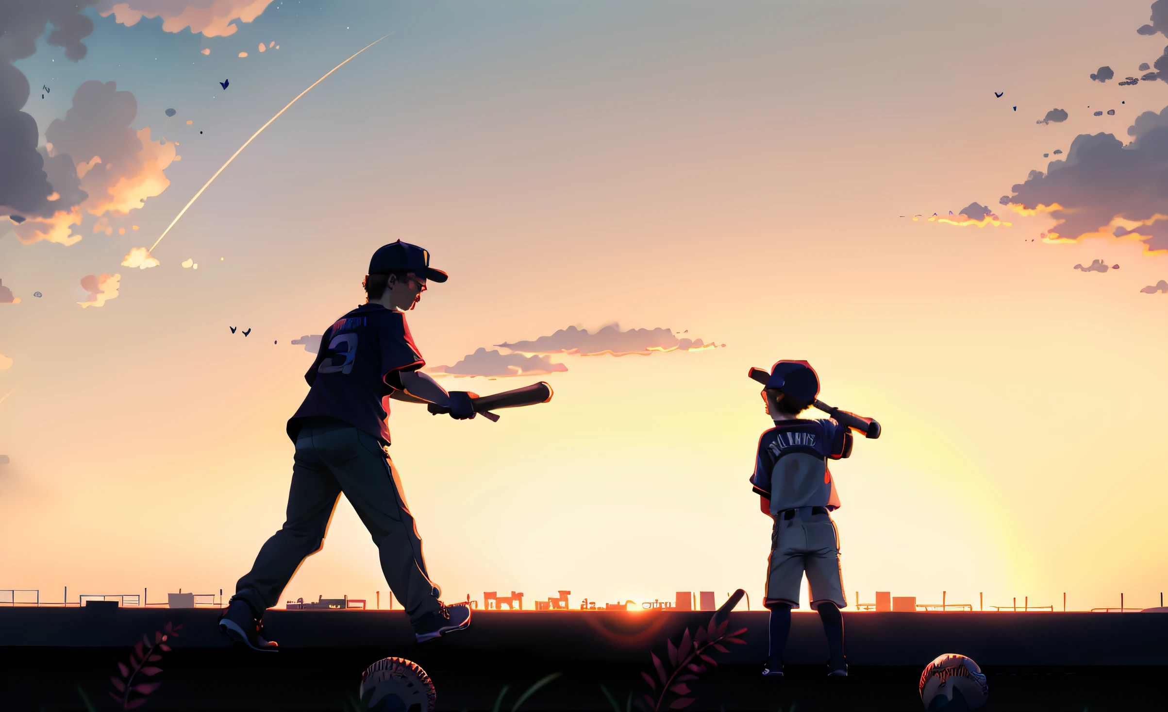 Father and son play baseball, Baseball Shirts, Twilight, the sunset, warm, The father taught his son to play baseball,baseball stadium, recall