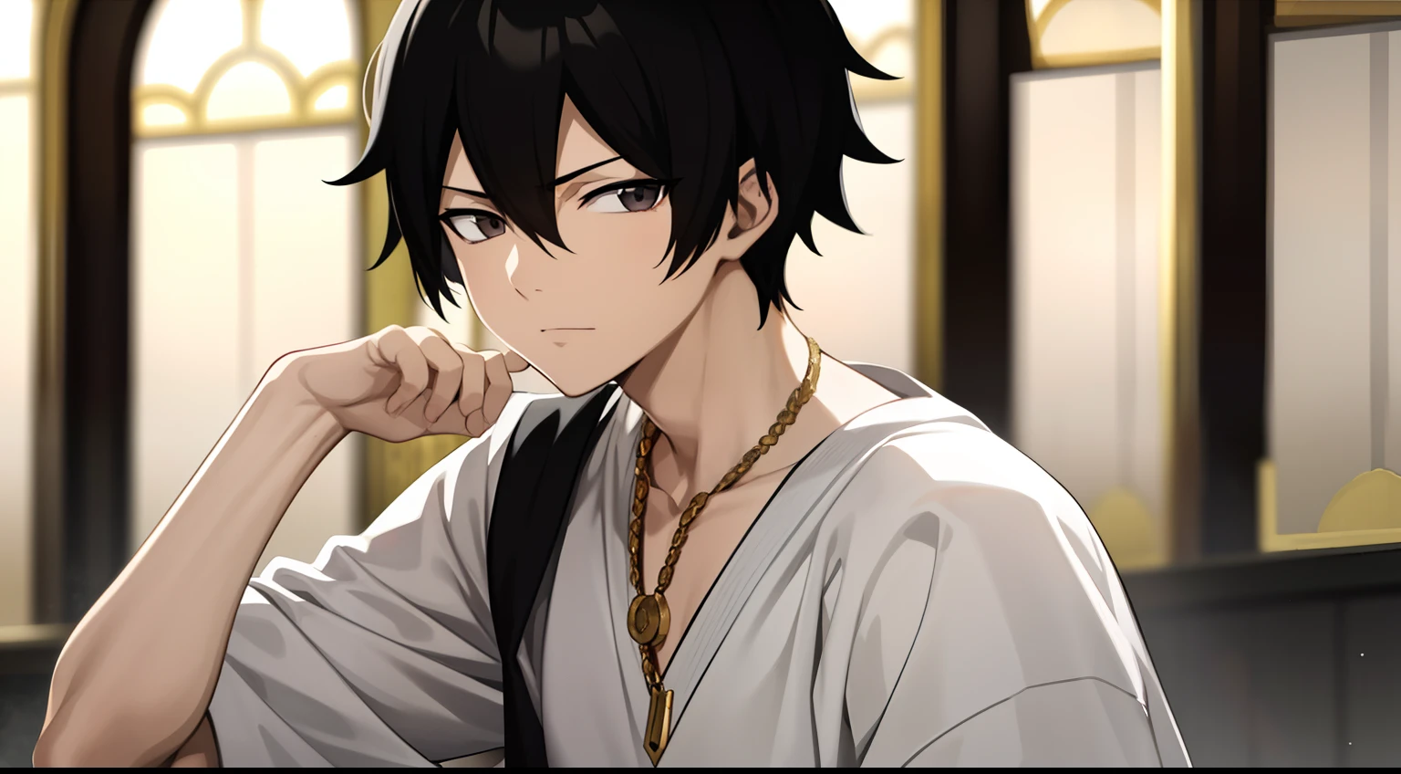 Masterpiece, Best Quality, hiquality, 1boy, 独奏, male focus, looking a viewer, upper-body, Zeref, Greek clothes, black hair, gray eyes, Malice, closed mouth, ombre