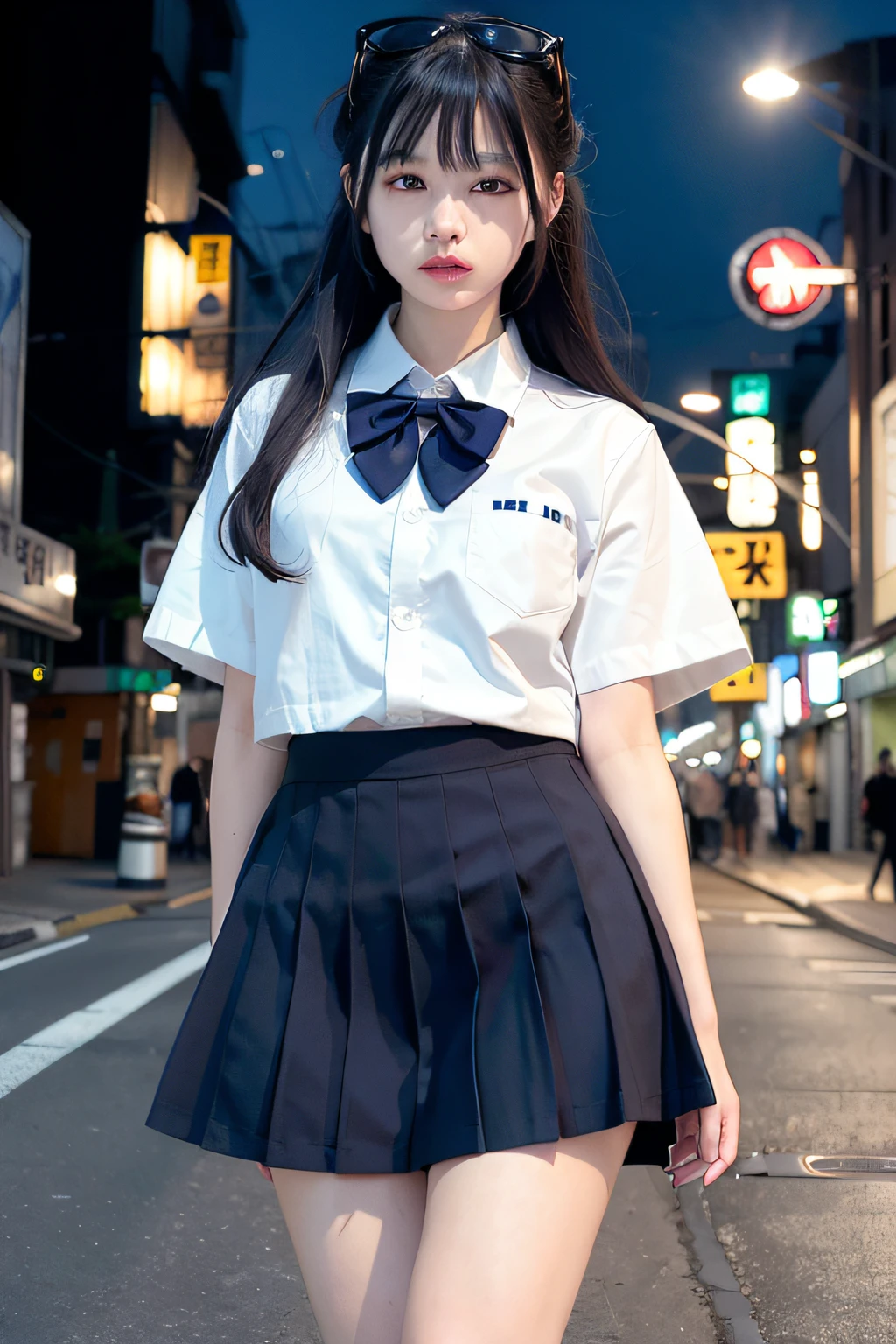 (8k, RAW photo, best quality, masterpiece:1.3),(realistic,photo-realistic:1.37),(night),(looking at viewer:1.331),(white hair),posing,Tokyo street,nightcityscape, cyberpunk city,soft light,1girl,extremely beautiful face,bust,put down hands,Random hairstyle,Random expression,big eyes, ,lower abdomen,(short-sleeved
JK_shirt),JK_style,(dark blue JK_skirt) ,(bow JK_tie),mix4
