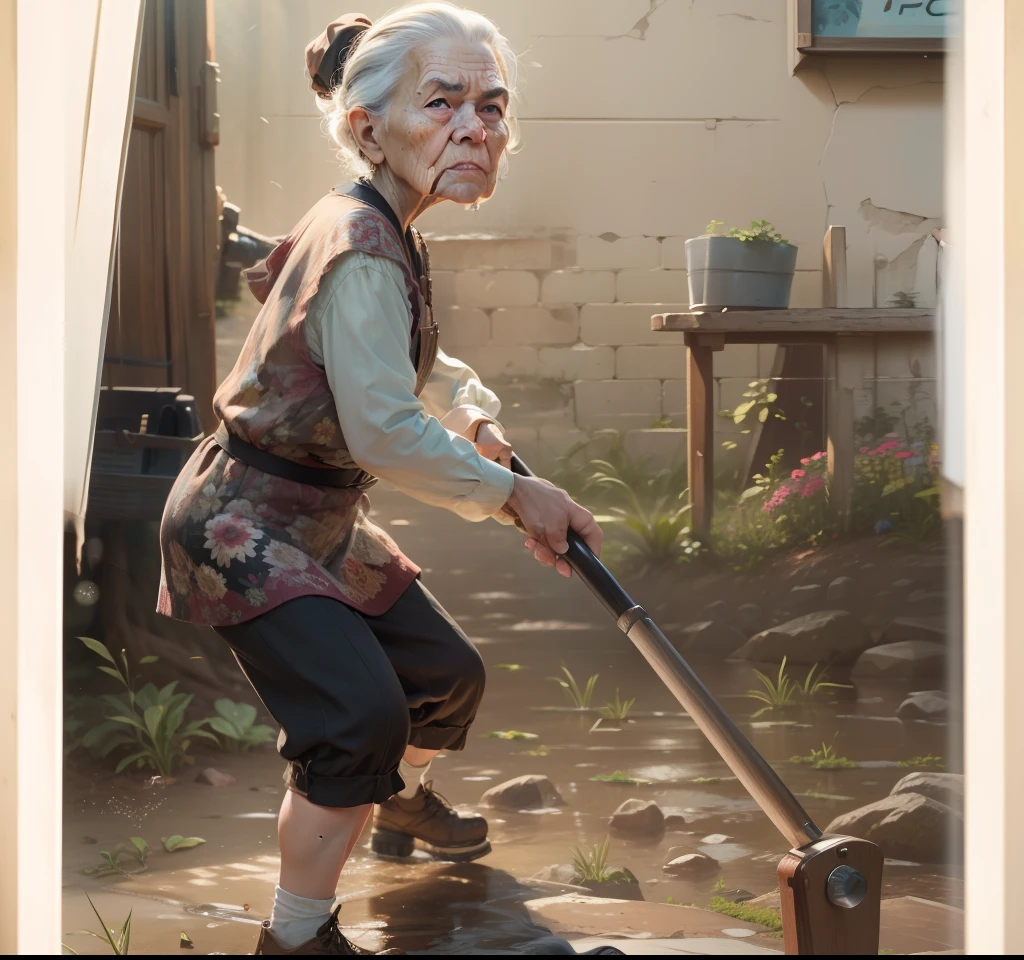 masterpiece, realistic, natural color, ultra details, full color, shallow depth of field, hd, old woman, (8k, RAW photo:1,2), hq, angry face, out door