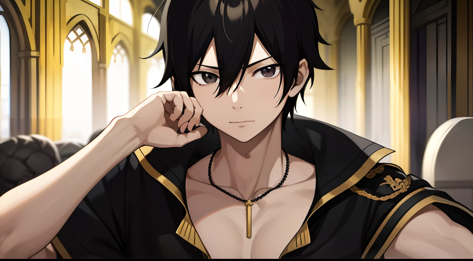 Masterpiece, Best Quality, hiquality, 1boy, 独奏, male focus, looking a viewer, upper-body, Zeref, Greek clothes, black hair, gray eyes, Malice, closed mouth, ombre