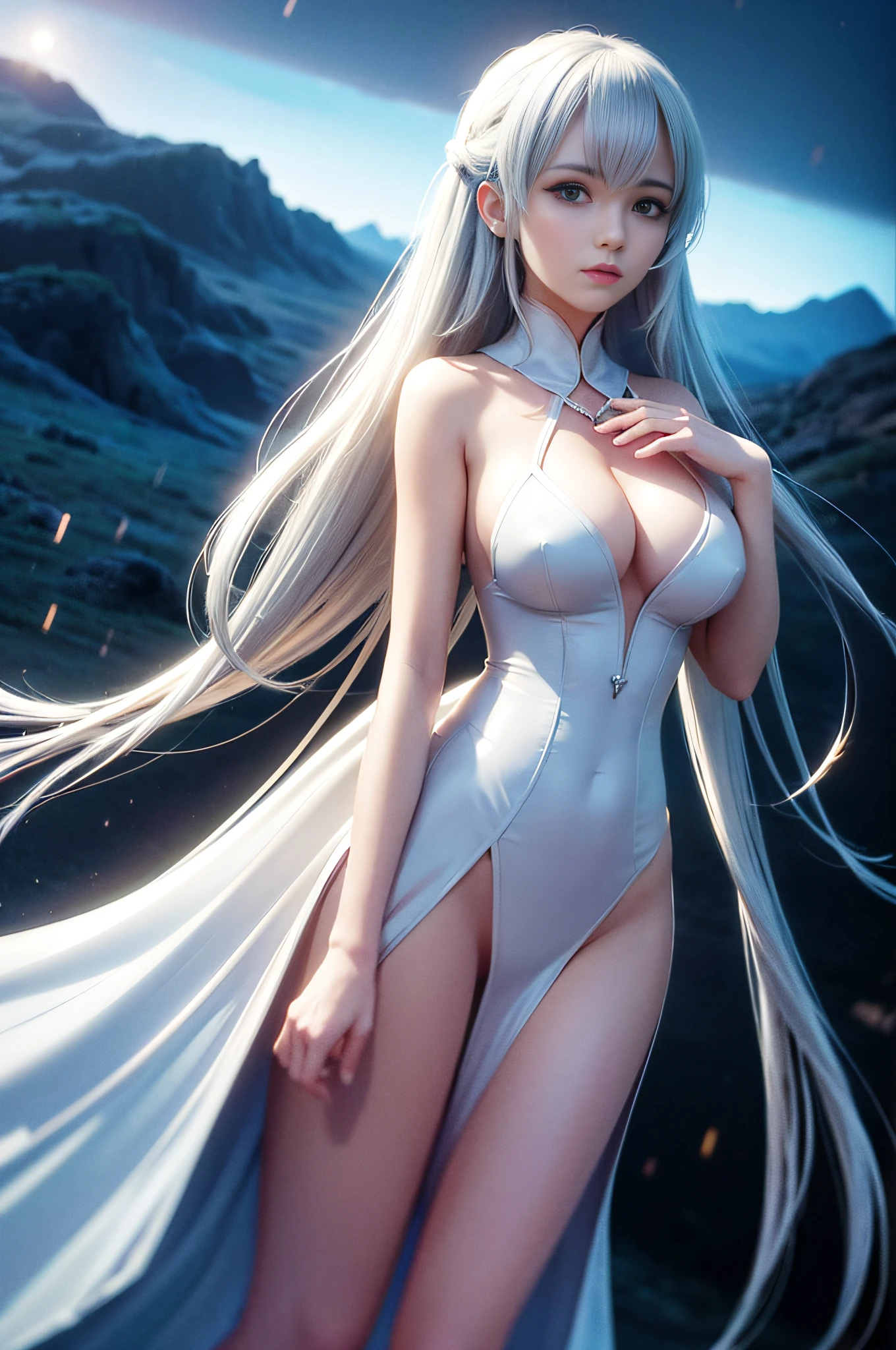 {character focus}, {best quality}, {{masterpiece}}, {highres},cinematic lighting,cinematic angle, volume lighting,{{contour deepening}},ultra-detailed,illustration,(backlighting),extremely detailed 8K wallpaper,highly detailed, center frame, {{{1 girl}}},{li},{standing},{white long hair},large breast, sexy white dress,facing away, thundercloud,raining,storm,cityscape,dark sky,,