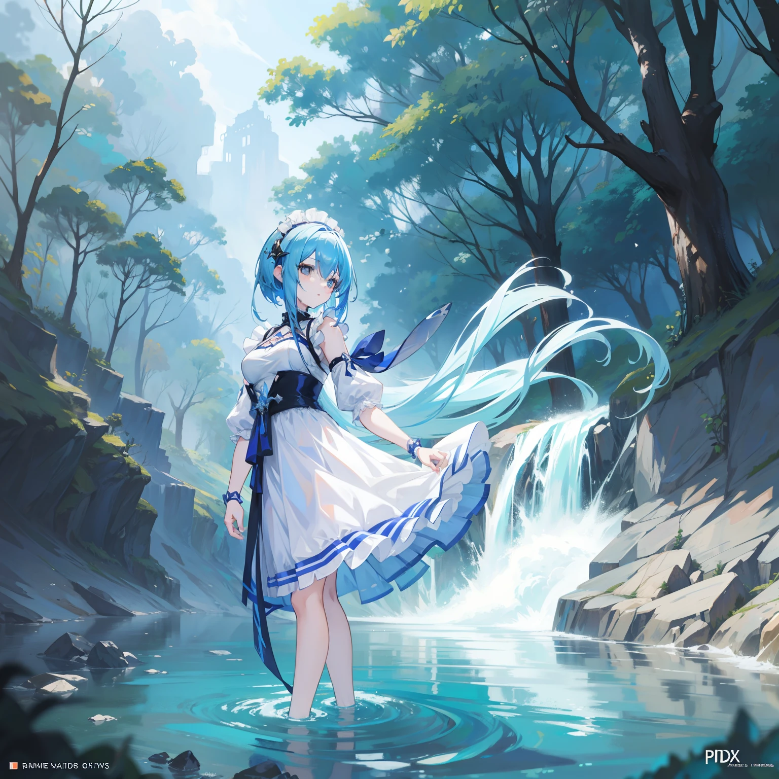anime girl in a dress and blue hair standing in a river, from arknights, cute anime waifu in a nice dress, high detailed official artwork, trending on artstation pixiv, a sexy maid in a magical forest, 8k high quality detailed art, [ 4 k digital art ]!!, pixiv contest winner, guweiz on pixiv artstation