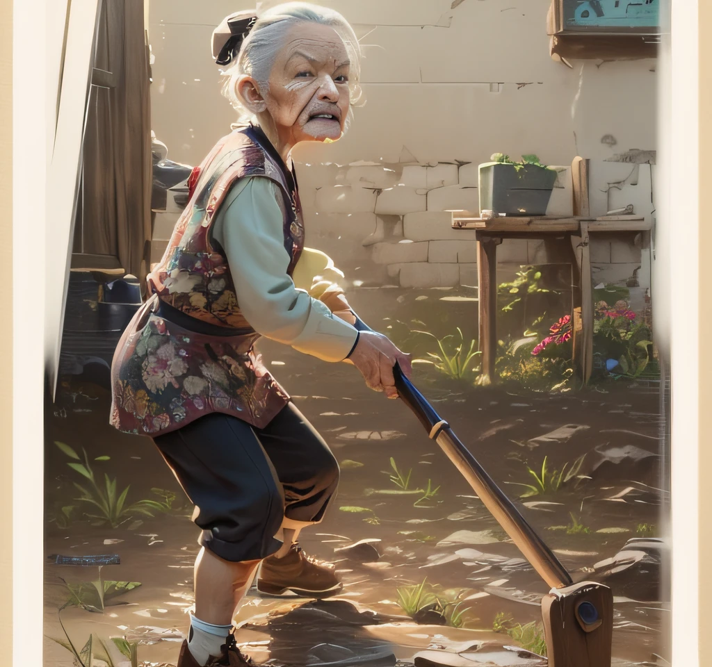 masterpiece, realistic, natural color, ultra details, full color, shallow depth of field, hd, old woman, (8k, RAW photo:1,2), hq, angry face, out door