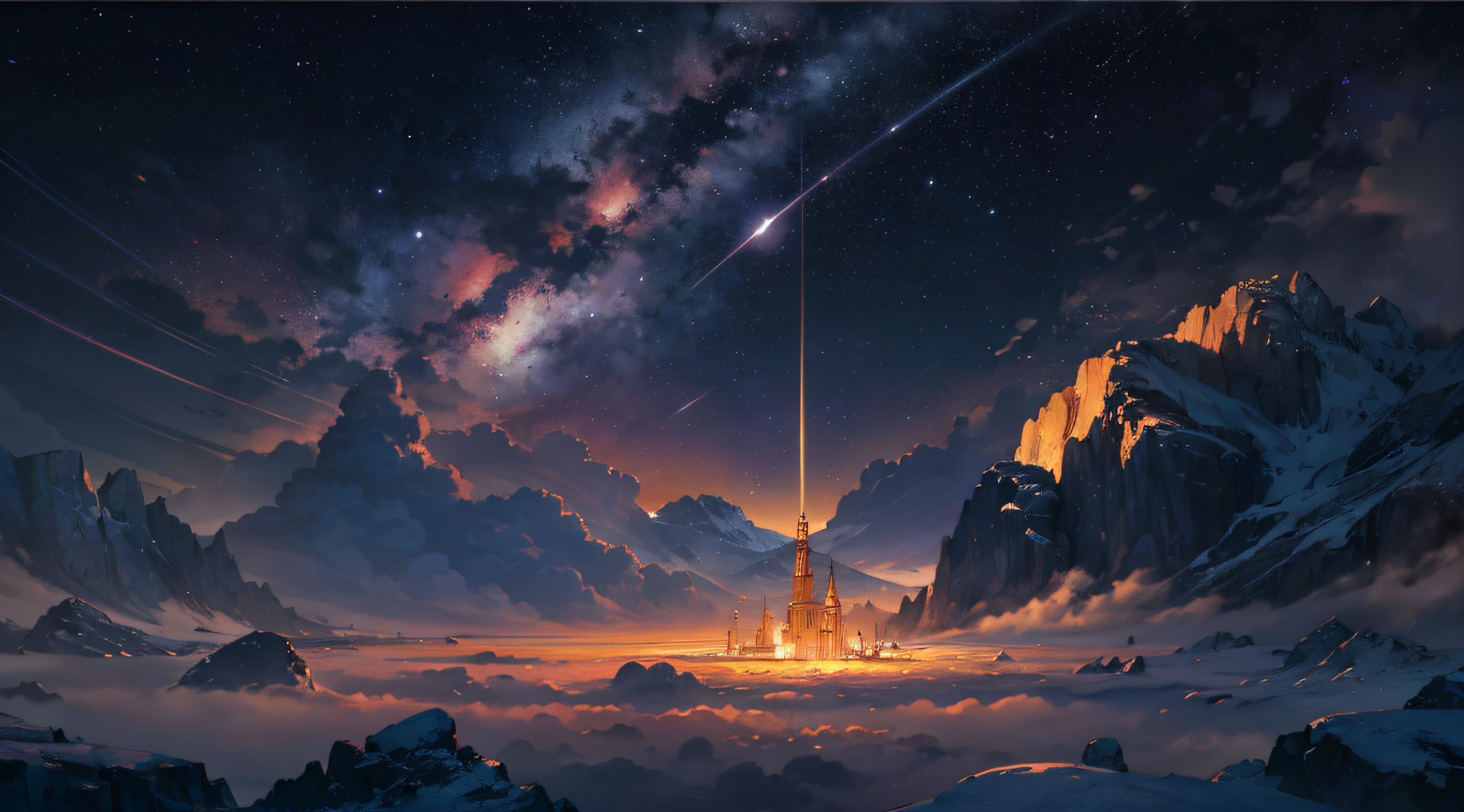 Expansive landscape photograph，（moon full：1.2），（meteors：0.9），（Starcloud：1.3），（Warm light source：1.2），（glowworm：1.2），lamp lights，Lots of purple and orange，Complicated details，Volumetriclighting，Realism BREAK（tmasterpiece：1.2），（best qualtiy），8K，Ultra-detailed，（dynamic compositions：1.4），The is very detailed，Colorful details，（Irridescent color：1.2），（luminouslighting，Atmospheric lighting），dream magical，magical，（独奏：1.2），（（best qualtiy））， （（tmasterpiece））， （the detail：1.4），depth of fields，maximum definition and sharpness，perfectly proportions，Fluttering clouds，Wallpapers