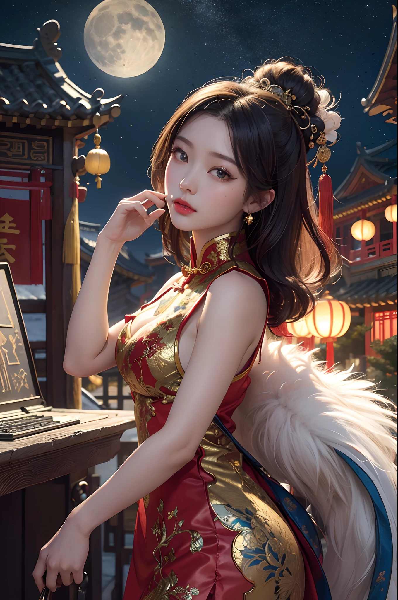 Unbeatable masterpiece, Ultra photo realsisim, Perfect artwork, Intricate details, Best quality, Strong light,High contrast, splash of color, Girl , Upper body ,fashi-girl , china dress , Chinese clothes , Fluffy florets , (Masterpiece:1.4) , (Best quality:1.4) ,(Shiny skin) , Red lips , ((hime-cut)) , looki at viewer , Medium breasts , parted lip, Chinese style buildings , sky , Detailed moon , light particules , Butterflies , Night , Starry sky .