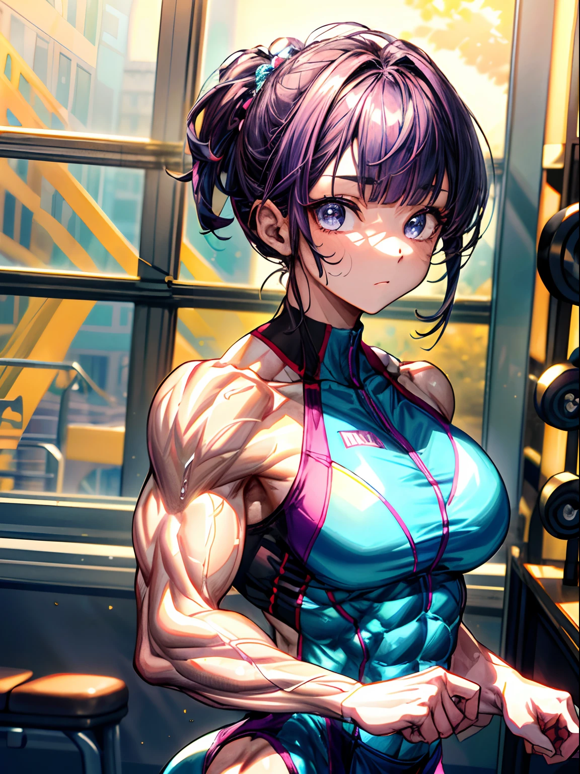 (BEST lighting) , (ultra intricately detailed) , 4K unification, (super-detailed CG: 1.2) , (8K: 1.2),(Original), (Masterpiece) , (Best quality),(Masterpiece:1.4),Anime-ish high quality,(Masterpiece),Masterpiece, Best quality, absurderes,((masterpeace, 4K, 8K, Yes, A high resolution))1girll, One man only,She is in the ballet studio,Ballet costumes, Bulging blood vessels on the arm,Spring, Boots, Perfect figure, Short purple asymmetrical hair, Sweat, ((body builder:1.5)),The strongest in the world,Practice dance studio background,(Beautiful bace),(Girl),(Female),(((Upper body:1)))