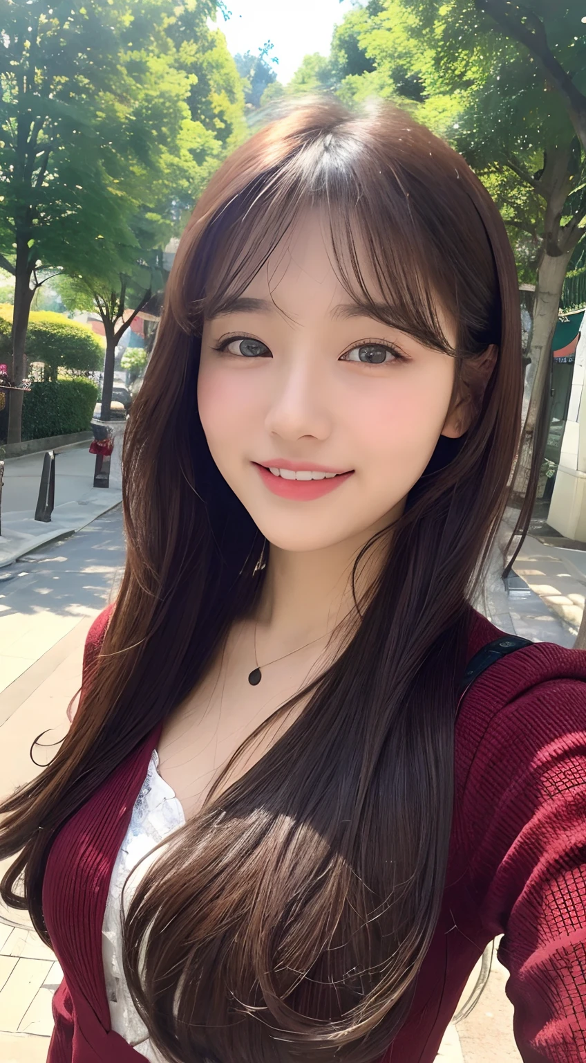 ((top-quality、8K、​masterpiece:1.3))、1girl in、A smile、full body Esbian、Slim Faces、Pretty women、(dark brown  hair)、Full-length dresses:1.1、hyperdetailed face、A detailed eye、二重まぶた、blured background、Slim Faces、城市、takeout、a street、With bangs、Curly hair、a park、frontage、Medium chest