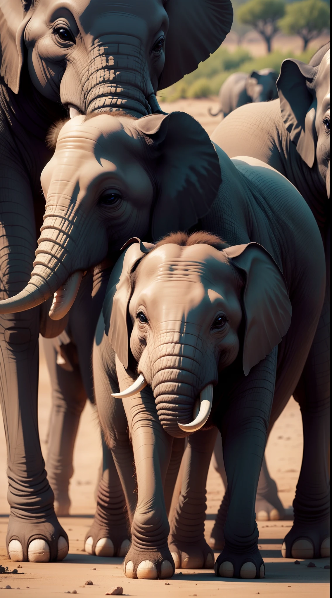 "An adorable elephant surrounded by playful cubs, displaying their bond and love."