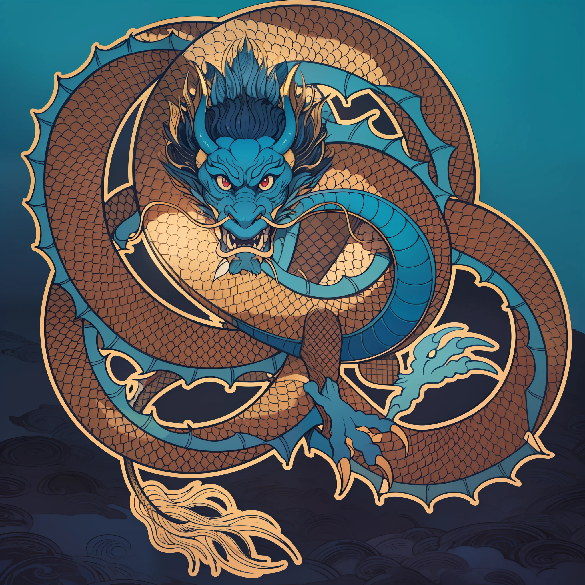 A dark blue dragon,the dragon hovered,The faucet is in the middle,Powerful dragons, There were clouds floating next to it,Gold stroke,Flat pattern,ancient chinese ornate, Official artwork,,chinoiserie pattern, tmasterpiece, super detailing, Epic composition, hyper HD, high qulity, extremely detaile, offcial art, 统一 8k 壁纸, super detailing