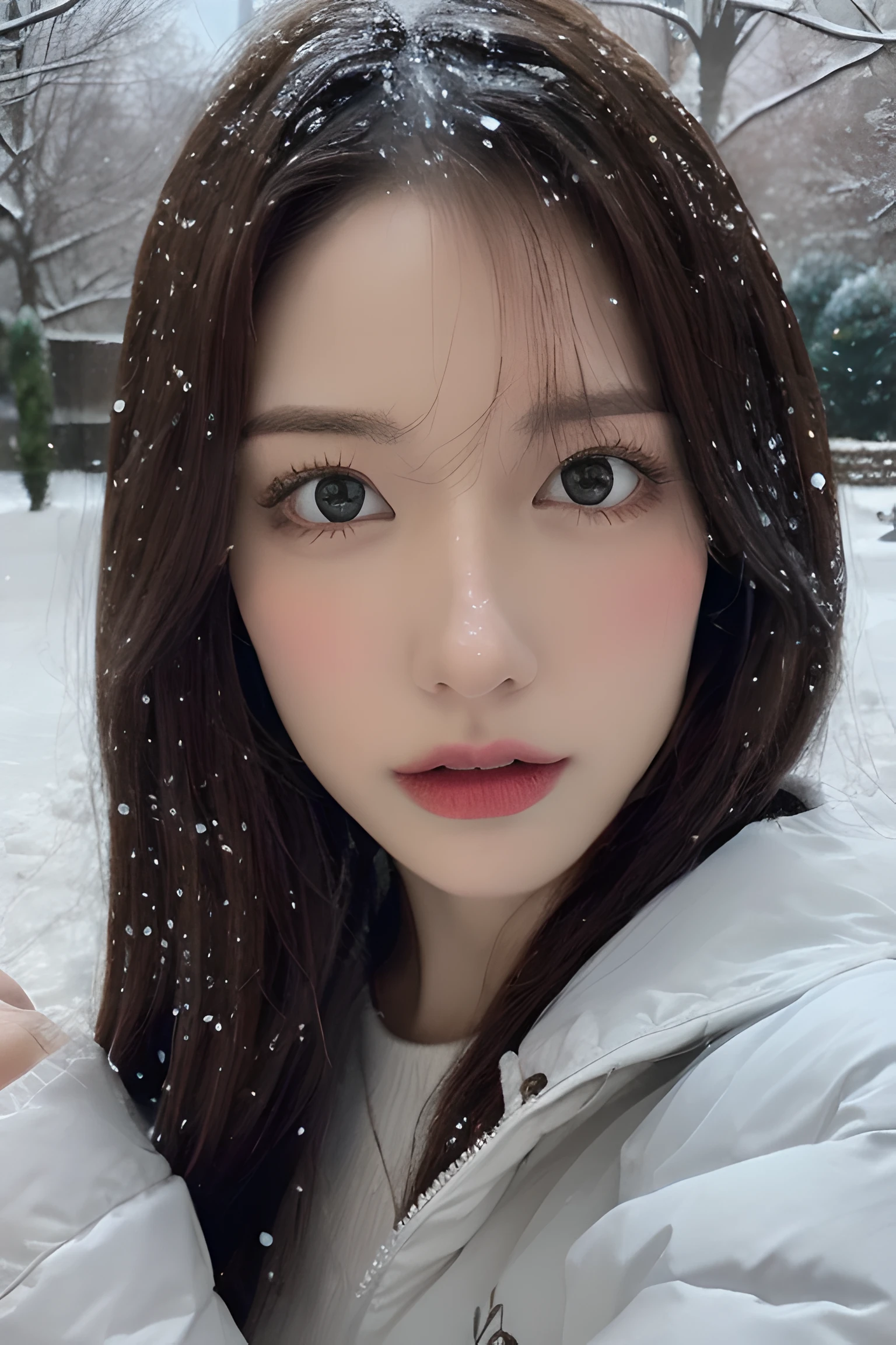 (8k, best quality, masterpiece, ultra highres:1.2) Photo of Pretty Japanese woman
 in the (style of paul rubens and rebecca guay:1.1) (melancholy winter snow:1.4)