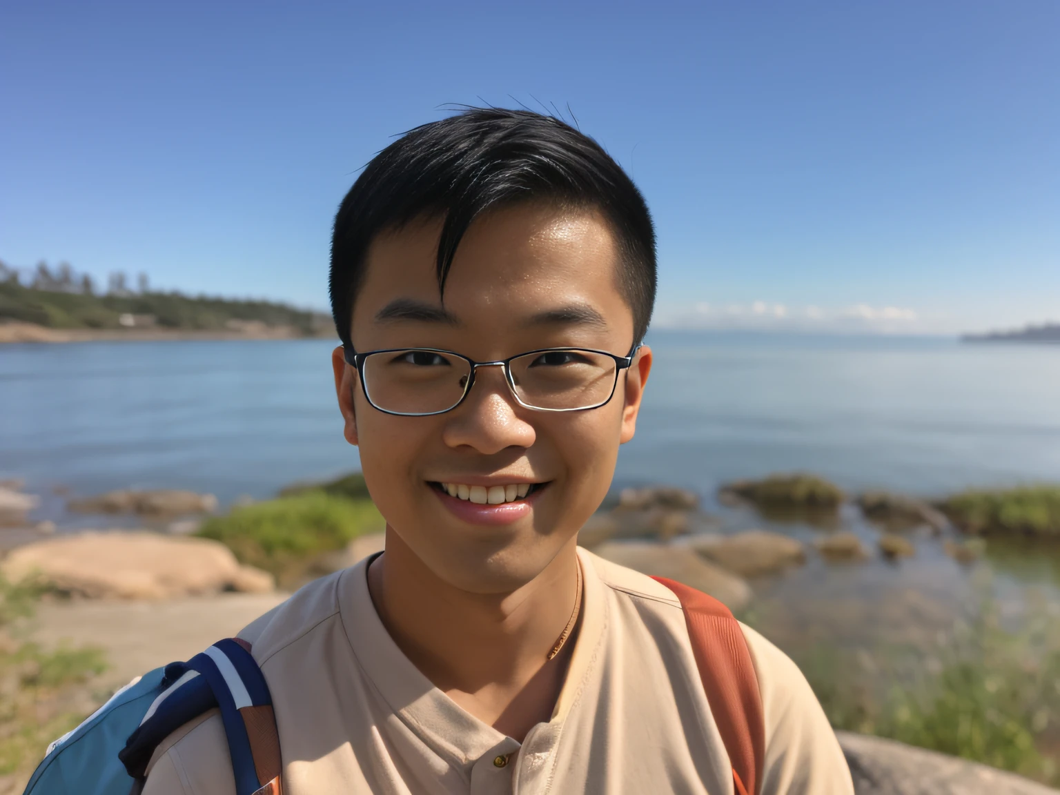 Smiling 18-year-old boy wearing glasses and backpack standing by the water's edge, andrew thomas huang, reuben wu, jeremy cheung, Cao Shuxian, kevin hou, steve zheng, David luong, the ocean in the background, James S, the ocean in the background, peter xiao, victor ngai, ryan jia, damien tran, nicodemus yang-mattisson, darren quach