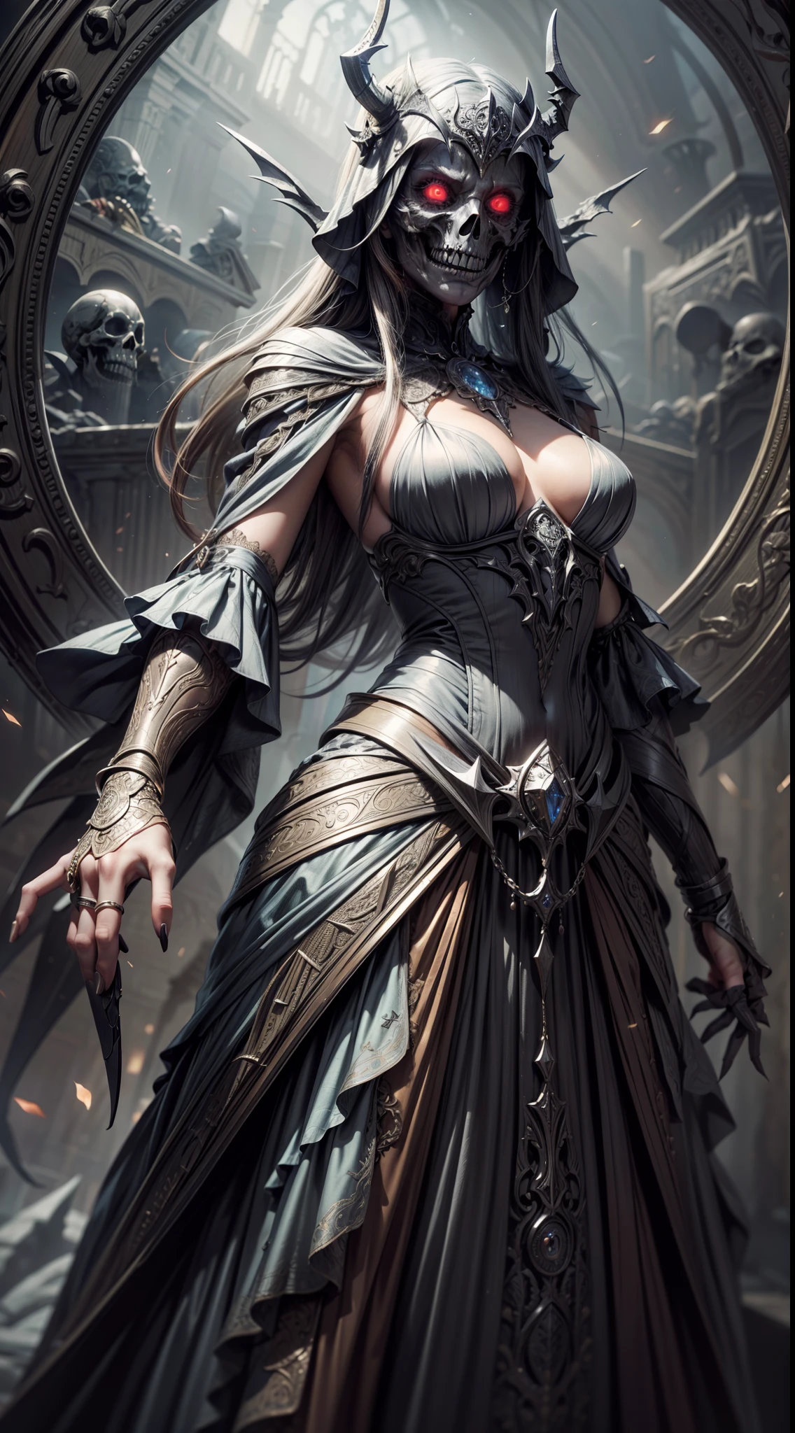 "(very detailed 8k wallpaper) | (intricate, high detail, dramatic) | (medium shot of a terrifying necromancer), masterpiece, long gown,