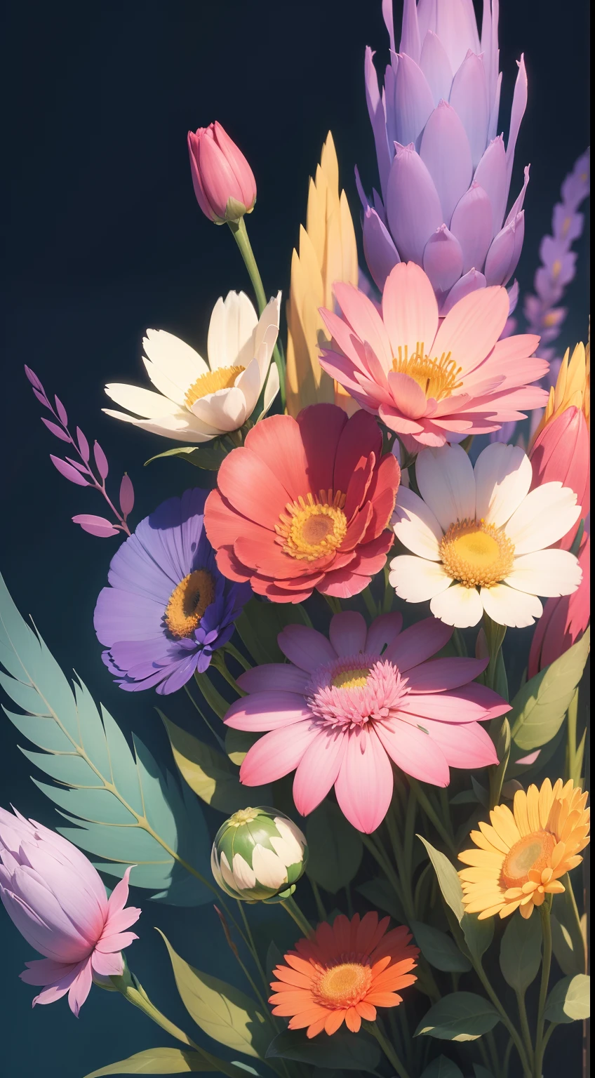 Flowers of many colors, Minimalism, High detail, Ghibli-like colors, Anime style, hyper HD, Best quality