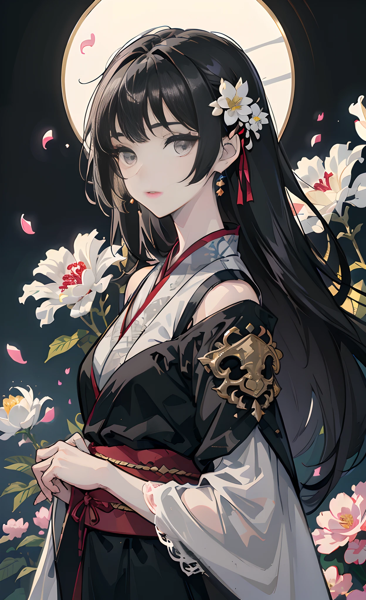 (Little girl:1.5),Lace,ribbon,Hanfu,(Masterpiece, side-lighting, Beautiful gray eyes,The details are meticulous: 1.2), Masterpiece, Realistic, Glowing eyes,Shiny hair,Black hair,long whitr hair, Glossy glossy skin, Solo, embarressed,No shoulder strap,Exquisite,prettify,sonoko,Flowers,flying petal,