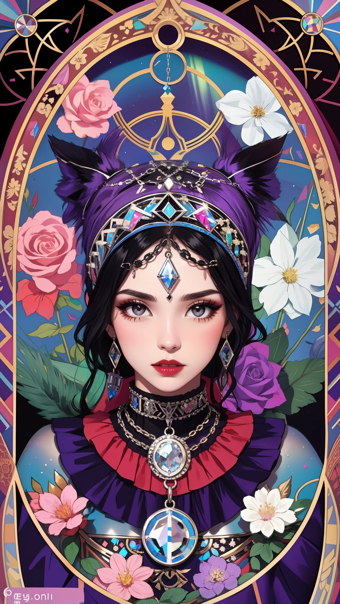 Model: long wavy black hair, full dark lips, Smoky eyes, BREAK, Setting: Room with black color, Broken glass,multicolored neon crystals, BREAK, bodypaint: Polychromatic geometric patterns, Torso cover, Arms and legs, BREAK, Accessories: Chrome-plated chains with torn body, Silver Choker, black feathered white black wings, Naked, Topless, naked body,BREAK, the pose: on a bed, looking forward, truth, Magic, Magic, wolf ears, Wolf, up close, northern lights, spectrum