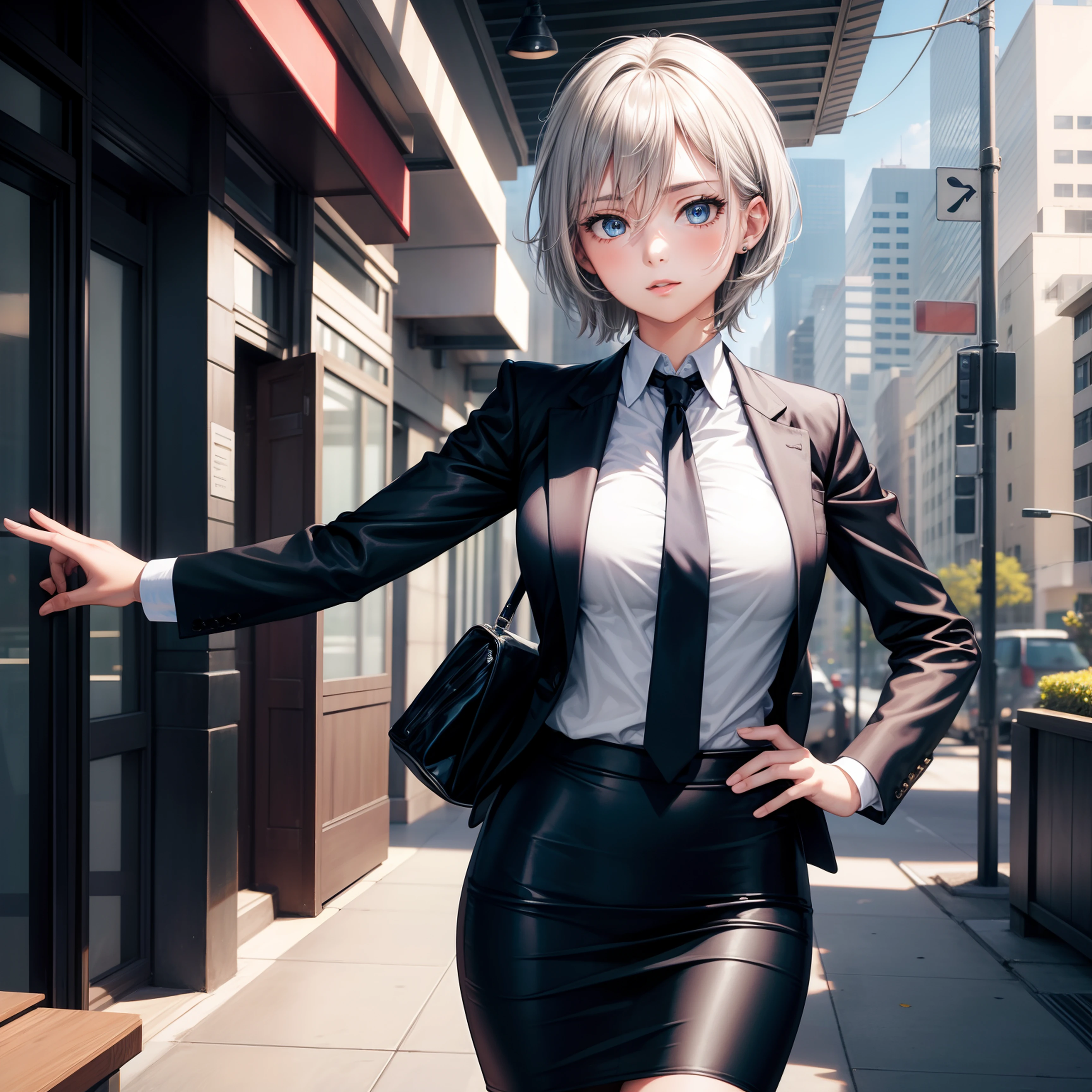 masterpiece, best quality, highres, 1girl, grey hair, short hair, blue eyes, medium breasts, office lady, necktie, black suit, pencil skirt, hand on hip, outdoors,