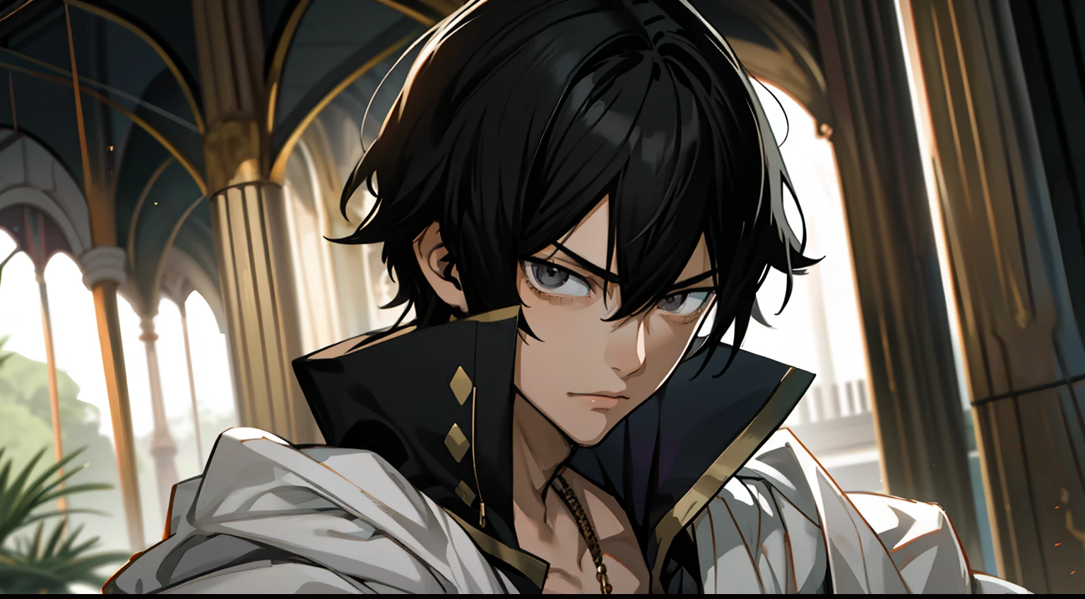 Masterpiece, Best Quality, hiquality, 1boy, 独奏, male focus, looking a viewer, upper-body, Zeref, Greek clothes, black hair, gray eyes, Malice, closed mouth, ombre