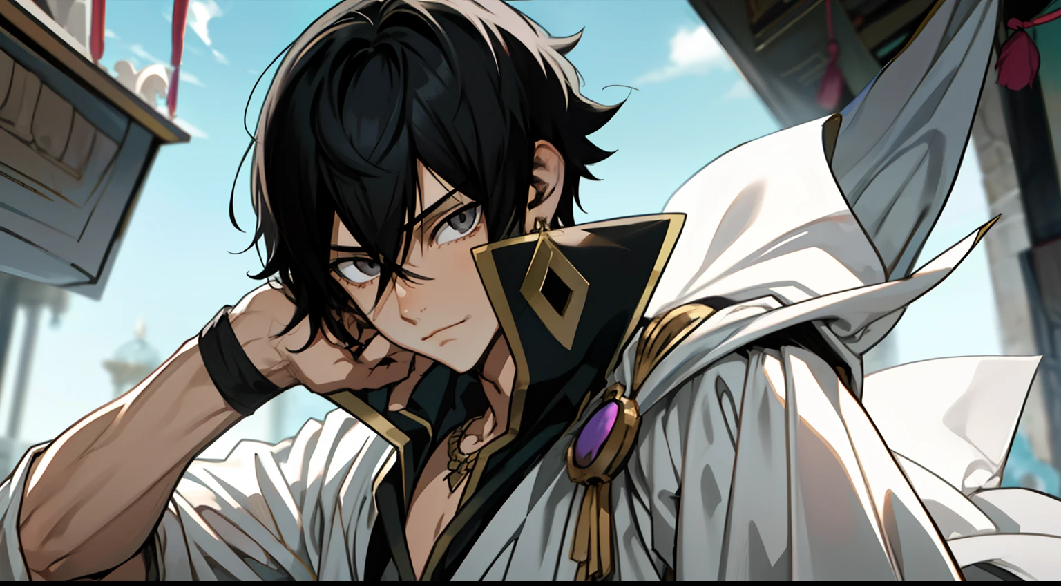 Masterpiece, Best Quality, hiquality, 1boy, 独奏, male focus, looking a viewer, upper-body, Zeref, Greek clothes, black hair, gray eyes, Malice, closed mouth, ombre