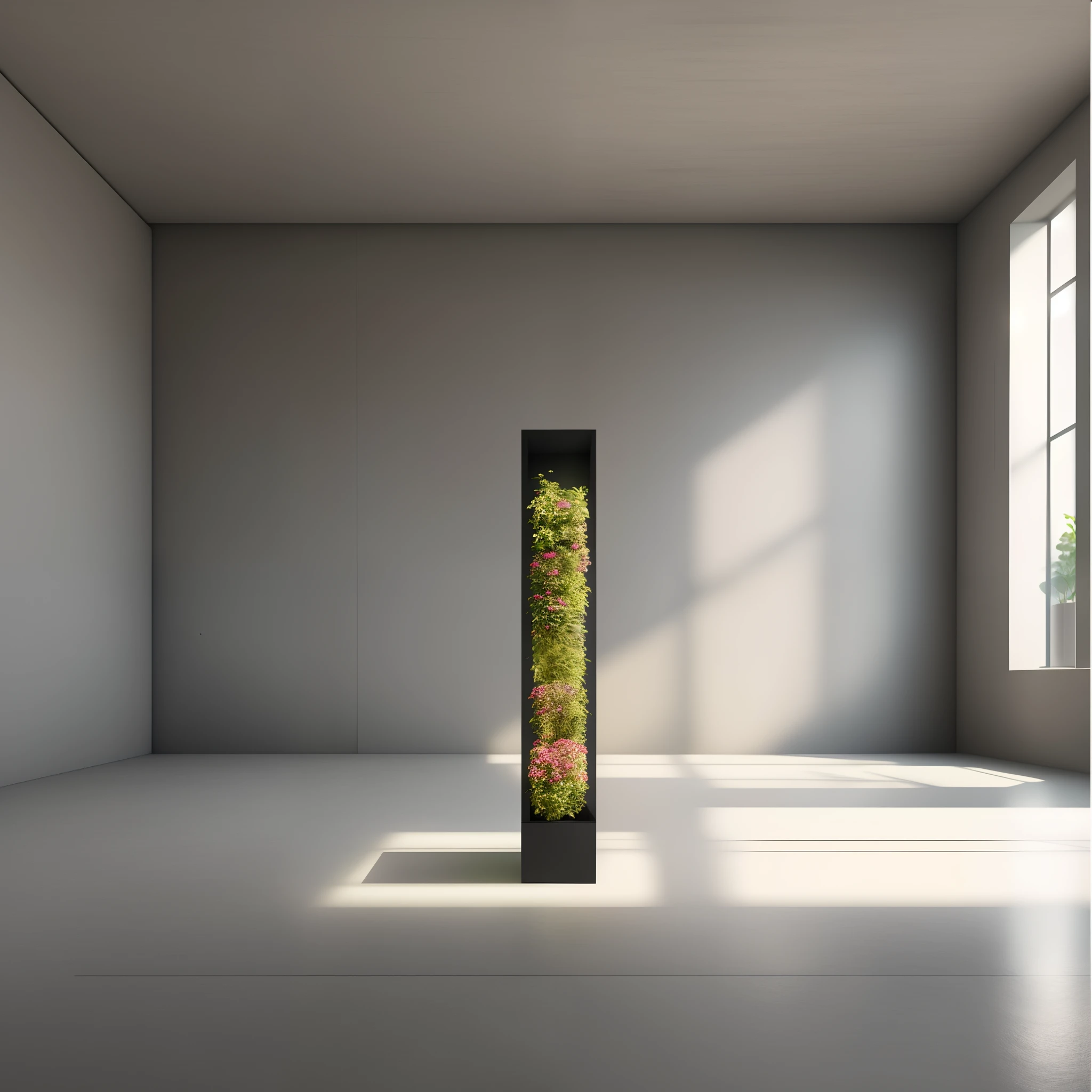 there is a tall planter in a room with a window, plant forest in glass tubes, vertical gardens, inside a tall vetical room, conceptual art, conceptual, biophilia mood, inspired by Anna Füssli, product photo, with 3 d render, with 3d render, depicted as a 3 d render, nice composition, unusual composition, vertical portrait