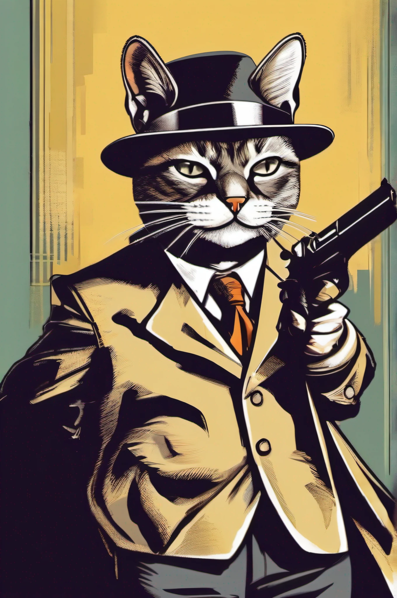 Vector art of a cat dressed in gangster style clothes with a gun, New York in the 50s, 50's style clothing, has, Popular images, Retro realistic cartoon style,