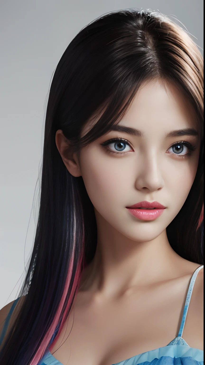 ((ultra - detailed)),((eyes with brightness)),(Detailed eyes),8k,winking,(Makeup girl),((Realistic skin)),((Focus detail 2 straps on the shoulders of the clothes)),((Shiny facial skin)),Colorful hair and colorful dresses,Rosla's soft vibrancy,Ross La cartoon is vibrant,Style anime 8k,beautiful portraits,The artistic germ is rich and colorful!!!, !dream artgerm, Beautiful anime girls, Style digital art, Art Wallpaper 8k, number art, extremely detailed art germ,