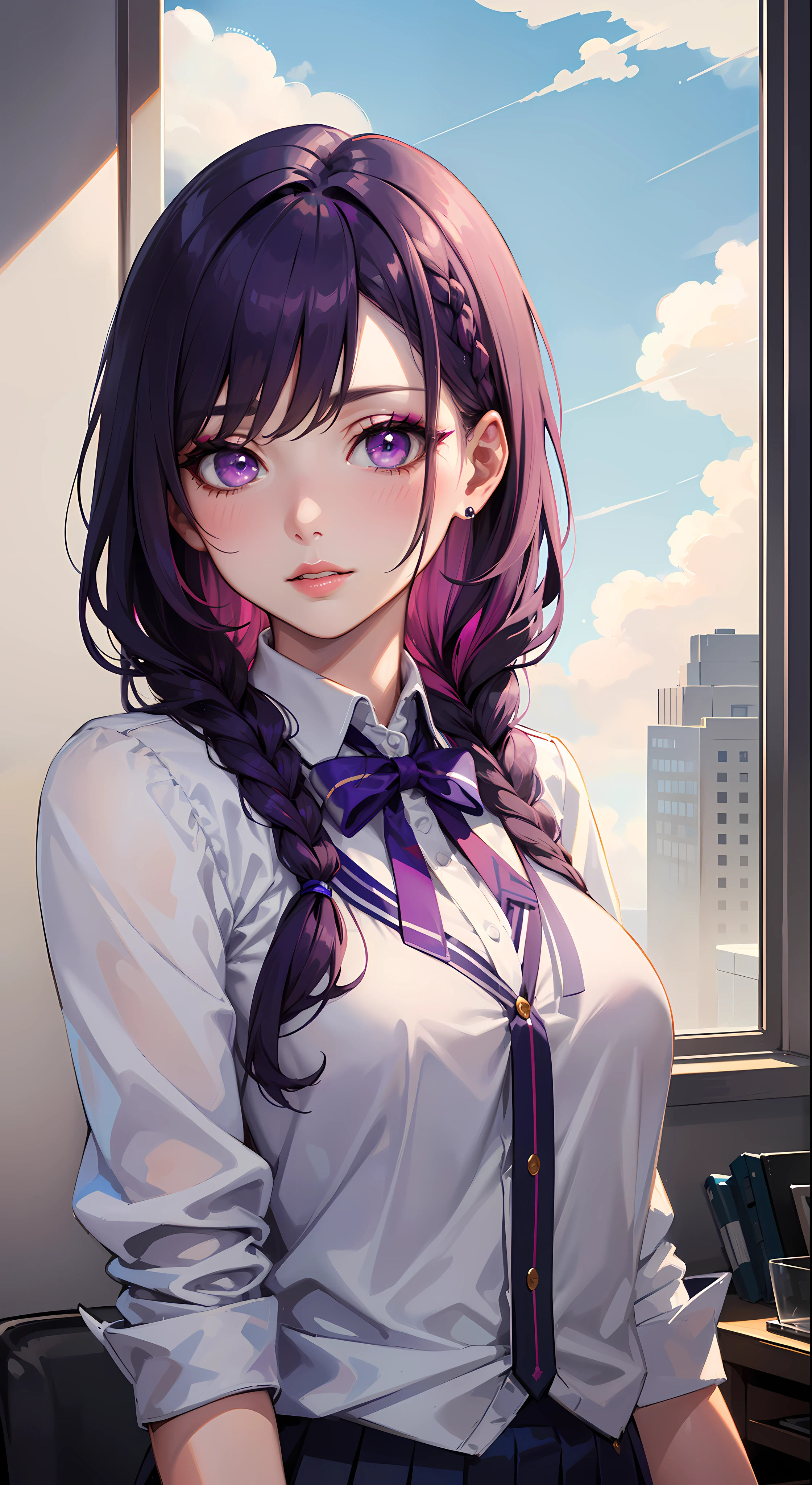 ((formal girl uniform)), upper body, seductive look, blush, indoors, in office, looking at viewer, cloudy, moody lighting, (perfect detail eyes:1.2), glowing eyes, (long hair one braid:1.2), (Masterpiece, Best Quality, High Quality:1.4), professional artwork, Intricate Details, field of view, sharp focus, detailed painting, photorealistic lighting, trending on pixiv, (vivid lighting, vibrant colors:1.05), realistic shadows, ambient occlusion, (athletic body:1.3), mature woman, 30yo, shenhe, hyperdetail eyes, beautiful eyes, (((solo:1.4))), semi-realistic hair, hyperdetailed clothes, (((beautiful makeup:1.3, beautiful pink lipstick:1.3, beautiful pink eyeshadow:1.3, purple eyes:1.0, purple hair:1.0))), (solo:1.4)
