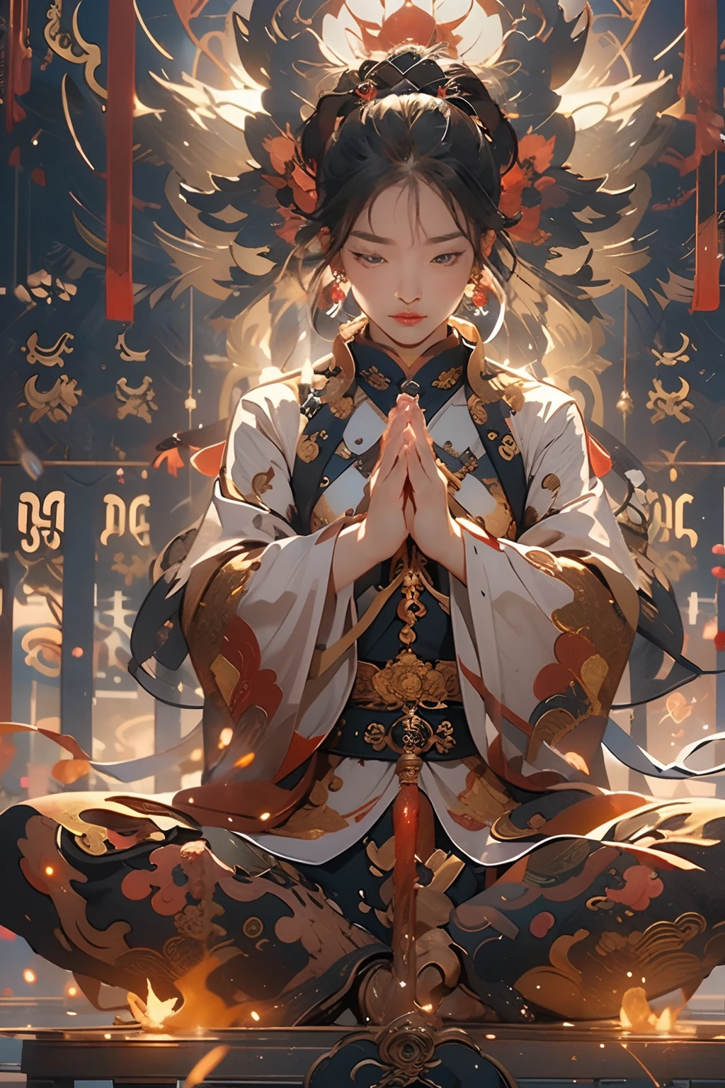 (masterpiece:1.2),best quality,PIXIV,taoist,(meditation:1.1),
solo,a sexy girl ,chinese wuxia,Meditate cross-legged, in front of red glowing 魔神,transparent,realistic,in style of flame