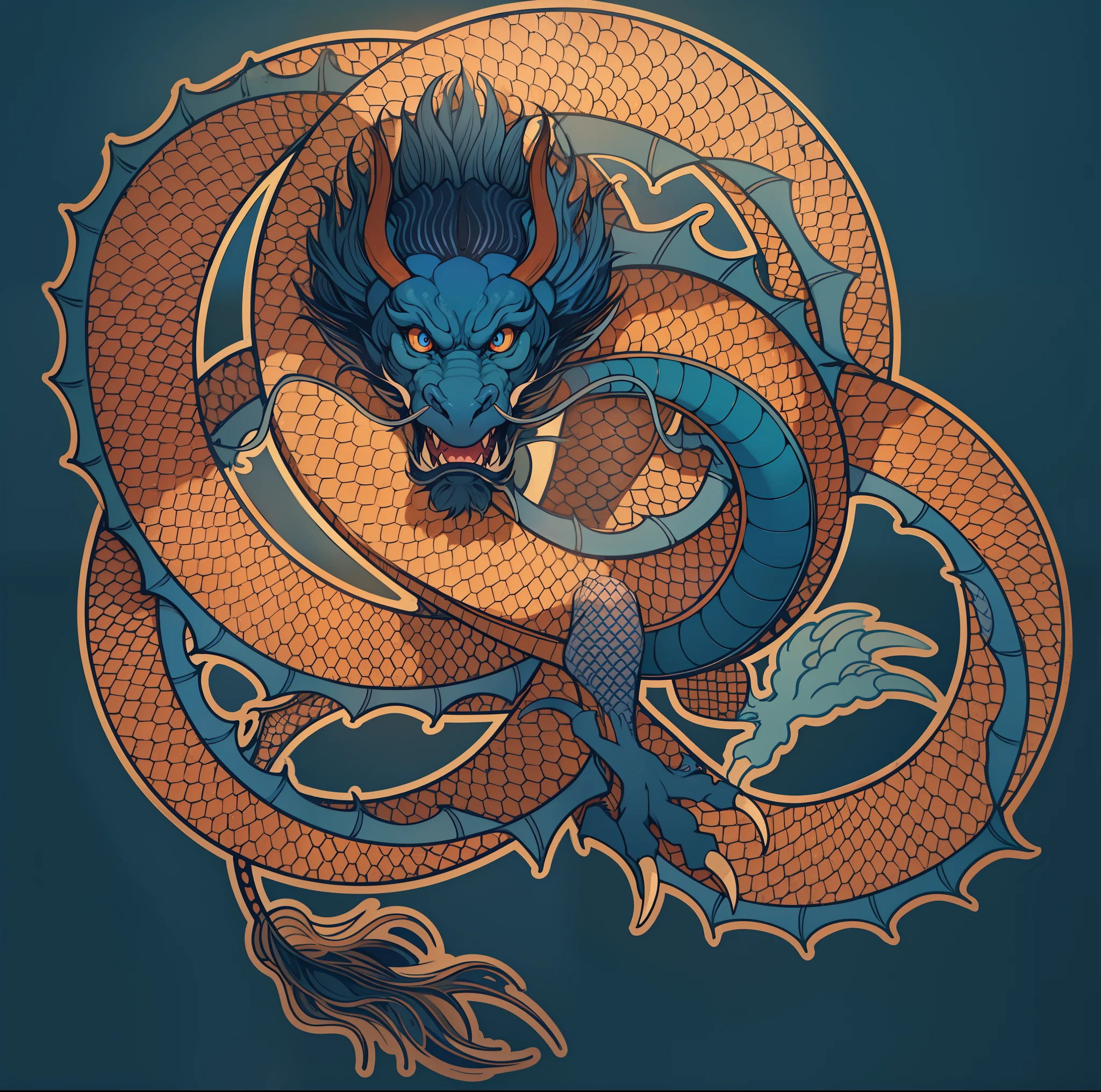 There is a circling dragon on it,Dark blue faucet head,Dark blue dragon body:1.5,The faucet is in the middle,Powerful dragons, There were clouds floating next to it,Flat pattern,ancient chinese ornate, Official artwork,,chinoiserie pattern, tmasterpiece, super detailing, Epic composition, hyper HD, high qulity, extremely detaile, offcial art, 统一 8k 壁纸, super detailing