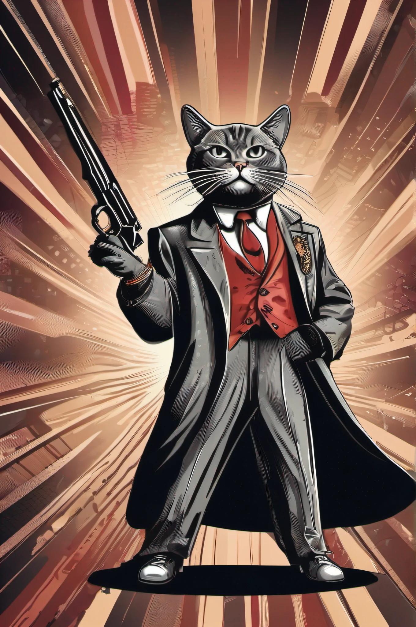 Vector art of a cat dressed in gangster style clothes with a gun, New York in the 50s, 50's style clothing, has, Popular images, Retro realistic cartoon style,