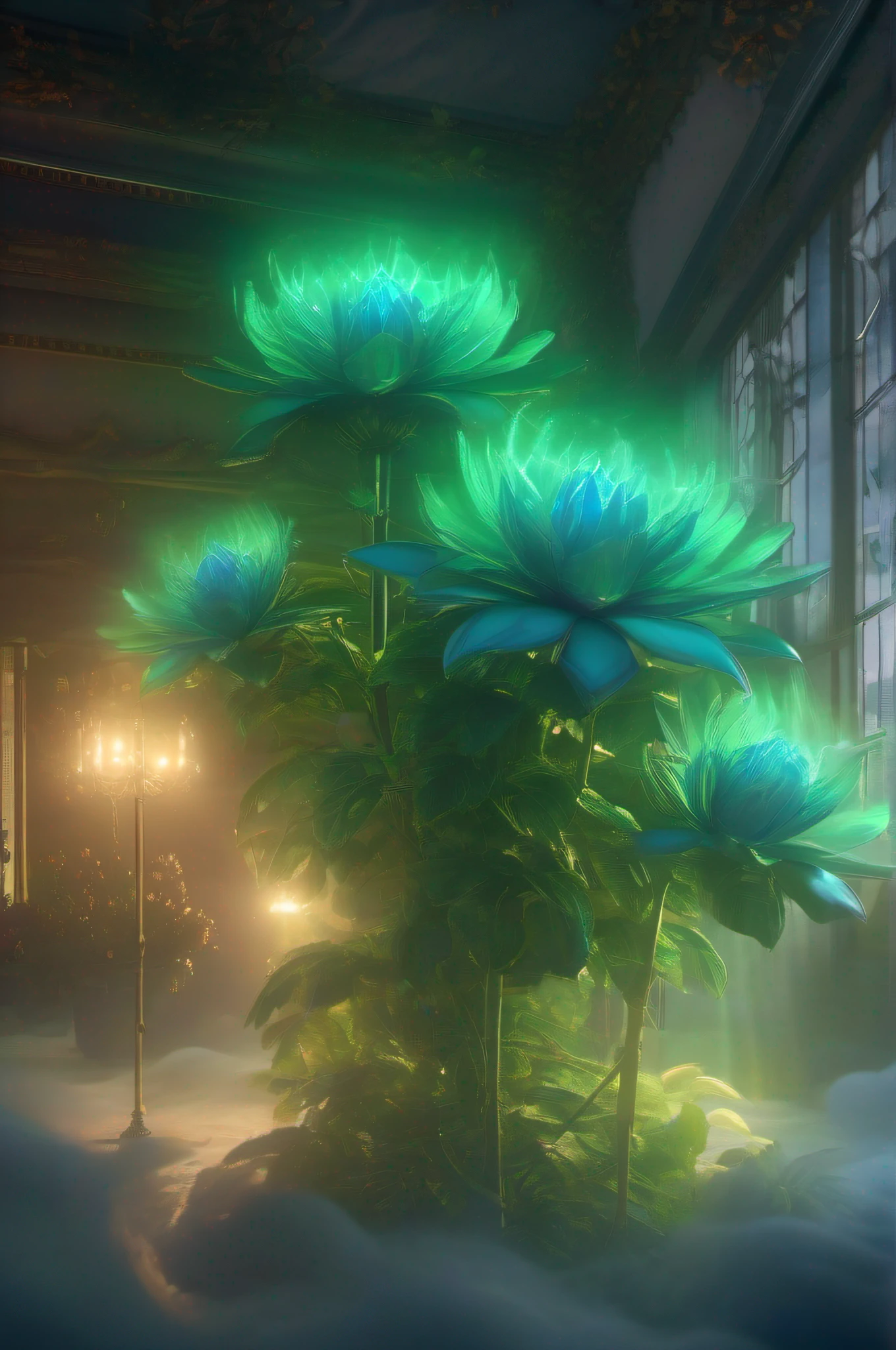 With HD CG, bright green mist floating on huge flowers, fog surround, blue lightning, lampstand effect, Lampstand, 8K, Ultra HD, Blizzard style art trend, fog glow, volume Light Volume light