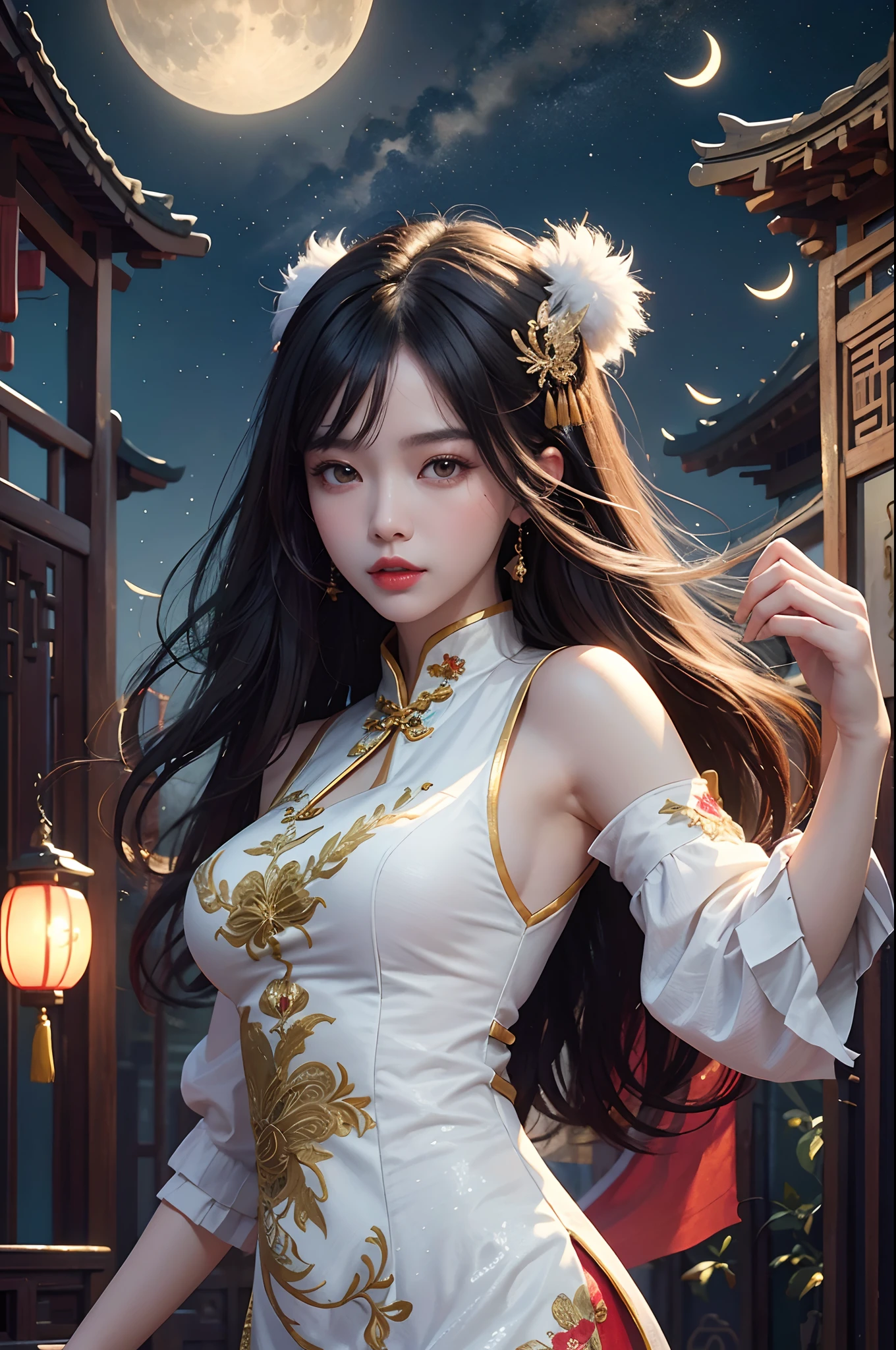 Unbeatable masterpiece, Ultra photo realsisim, Perfect artwork, Intricate details, Best quality, Strong light,High contrast, splash of color, Girl , Upper body ,fashi-girl , china dress , Chinese clothes , Fluffy florets , (Masterpiece:1.4) , (Best quality:1.4) ,(Shiny skin) , Red lips , ((hime-cut)) , looki at viewer , Medium breasts , parted lip, Chinese style buildings , sky , Detailed moon , light particules , Butterflies , Night , Starry sky .