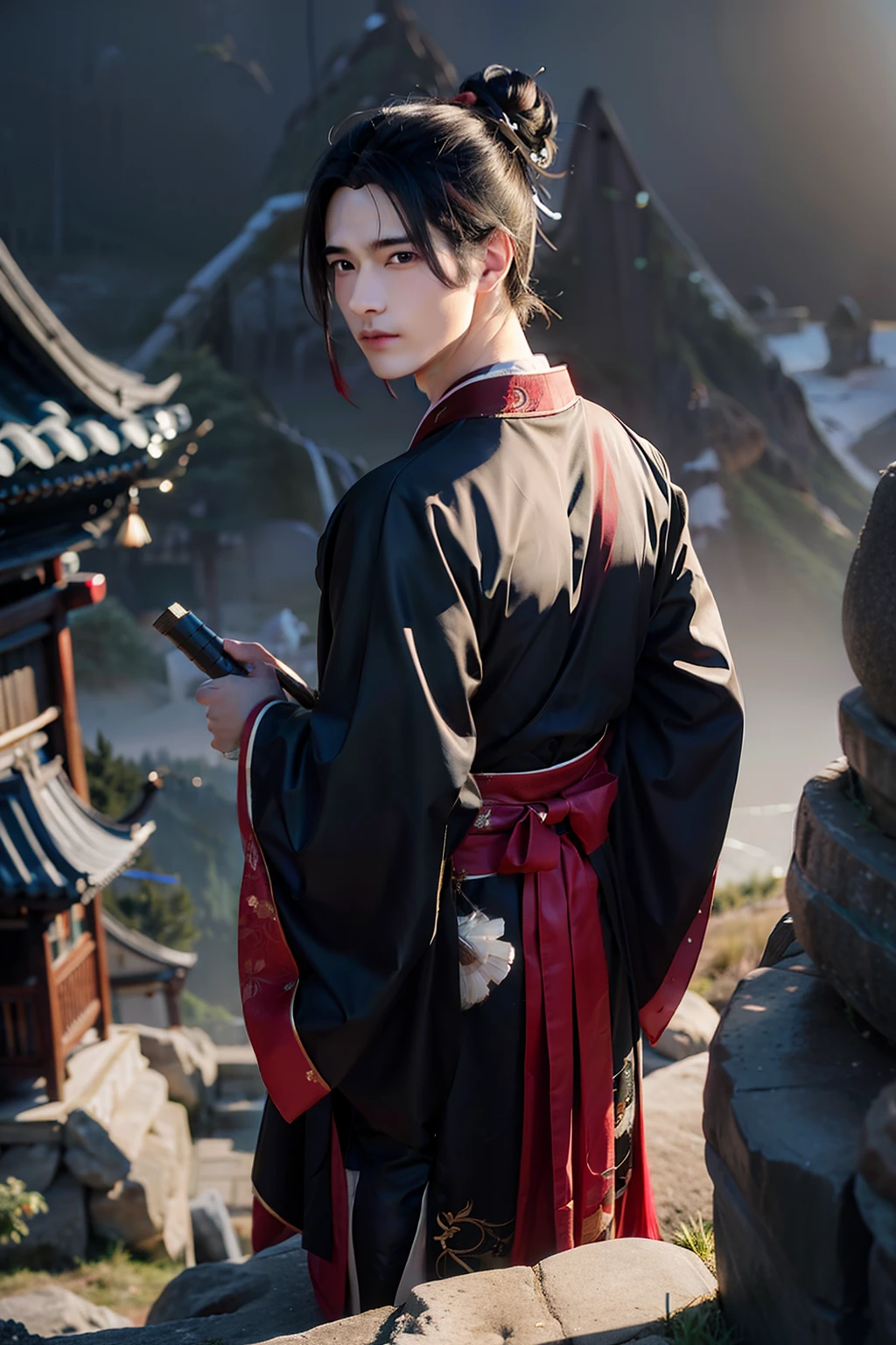 Handsome young man in Hanfu standing on the top of the mountain，Look ahead，Black color hair，Robe clothes，Red lining，High bun，Holding bamboo Jane in his hand，Scholar，literati。