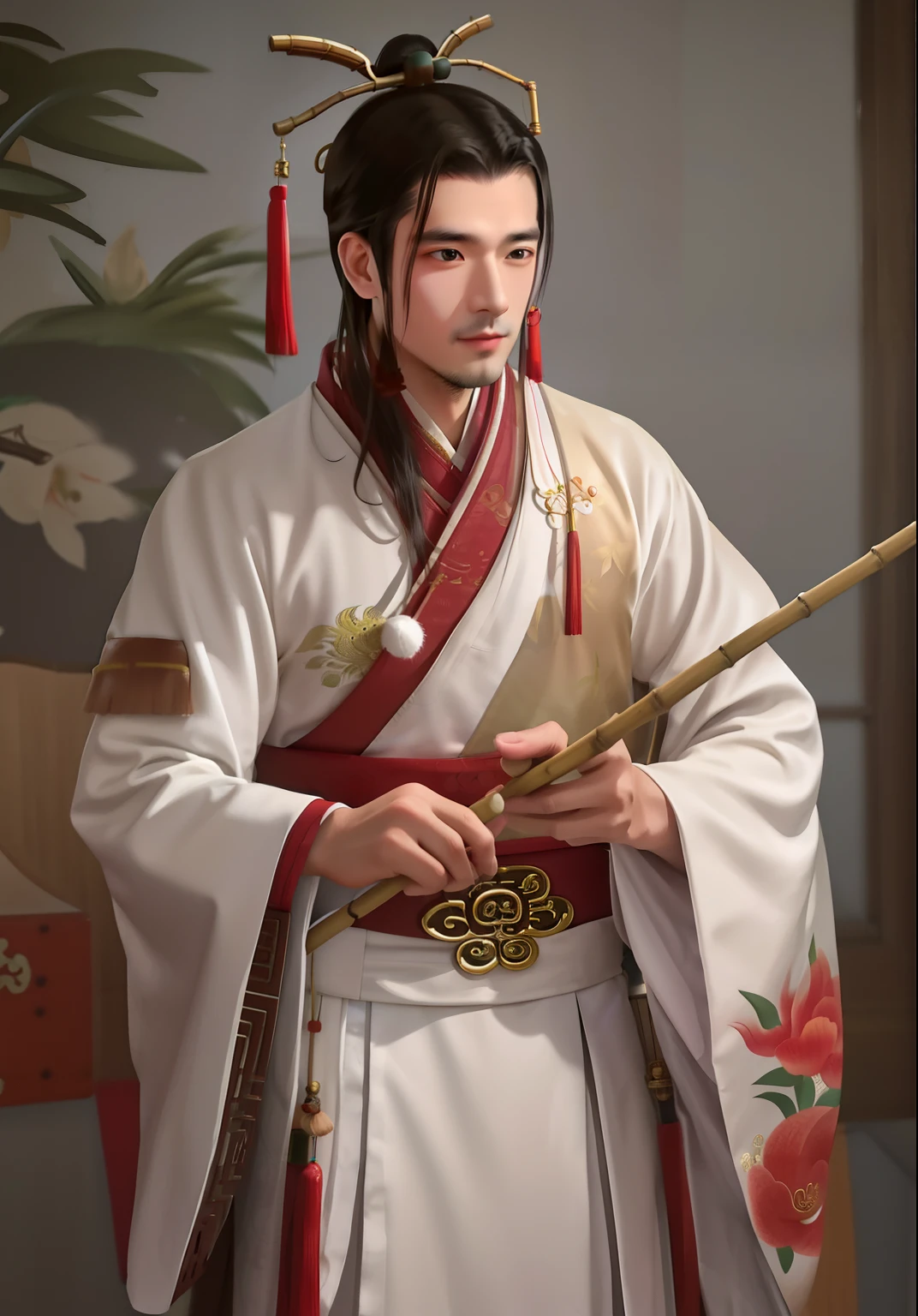 A man dressed in traditional Chinese clothing, Sophisticated,Holding bamboo sticks and brushes。