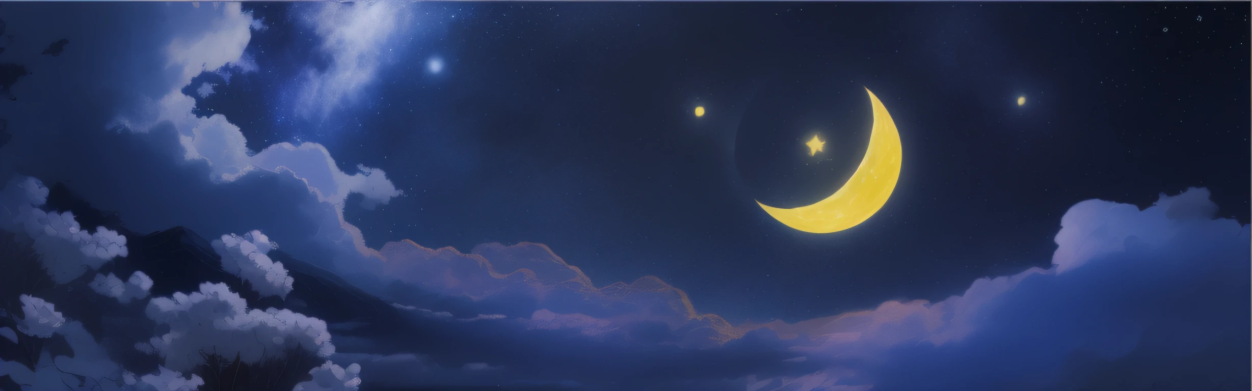 There is a picture of the starry sky and the moon, dreamy night, Blue starry sky,Yellow Moon,Stars,with the sky full of stars,themed on the stars and moon, Moon in sleep, moon and stars in night sky, Moon and stars, moonlit starry sky environment, Starry Sky 8K, calm evening. Digital illustration, Night background, sleep, moonlit night dreamy atmosphere