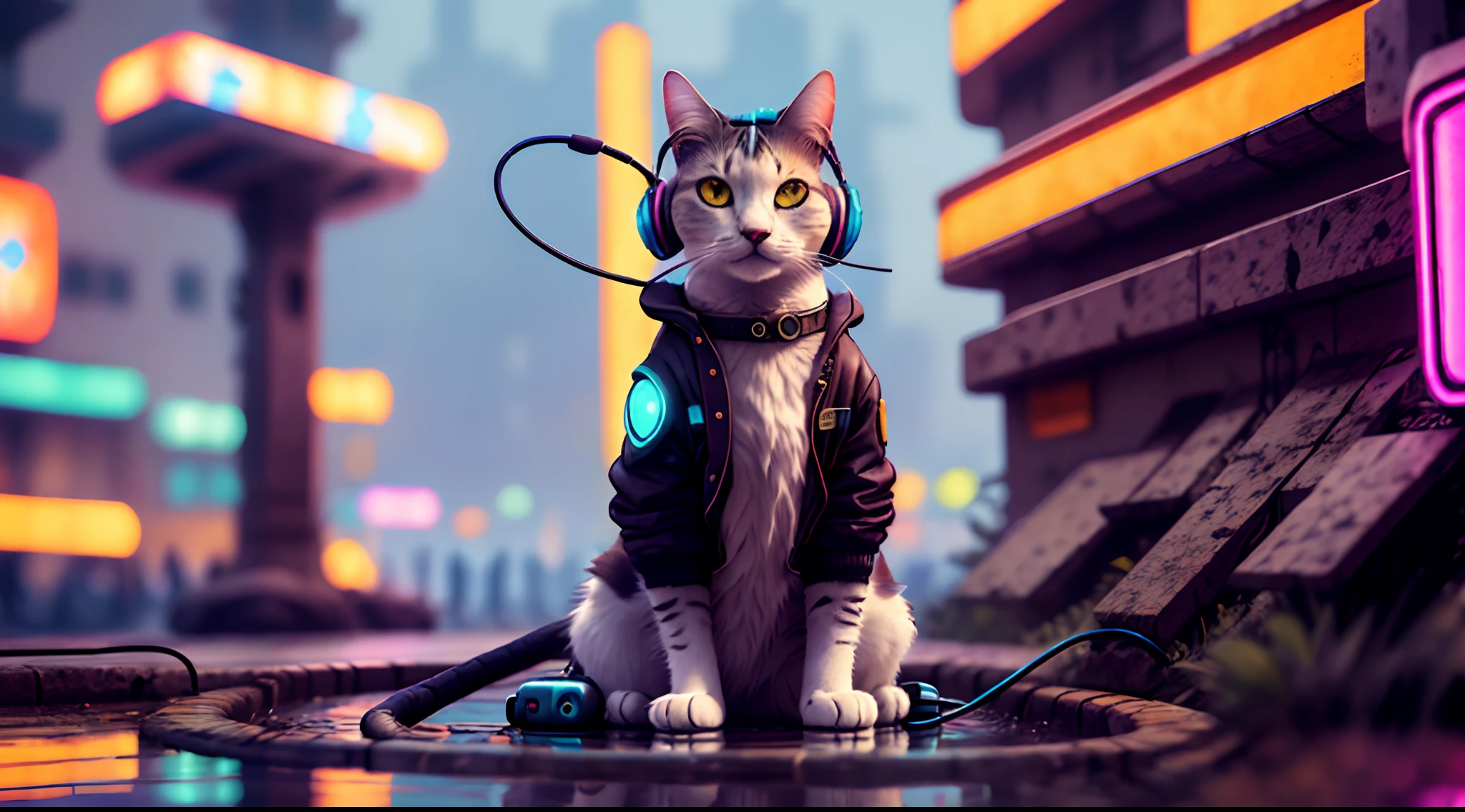 A cat with headphones and a jacket is sitting on a large lily leaf in a fountain. Cyberpunk and post-Soviet modernism style themed. closeup view, neon lights., Pop art, Pixar, three sided view, UHD, anatomically correct, textured skin, super detail, high quality, 4K