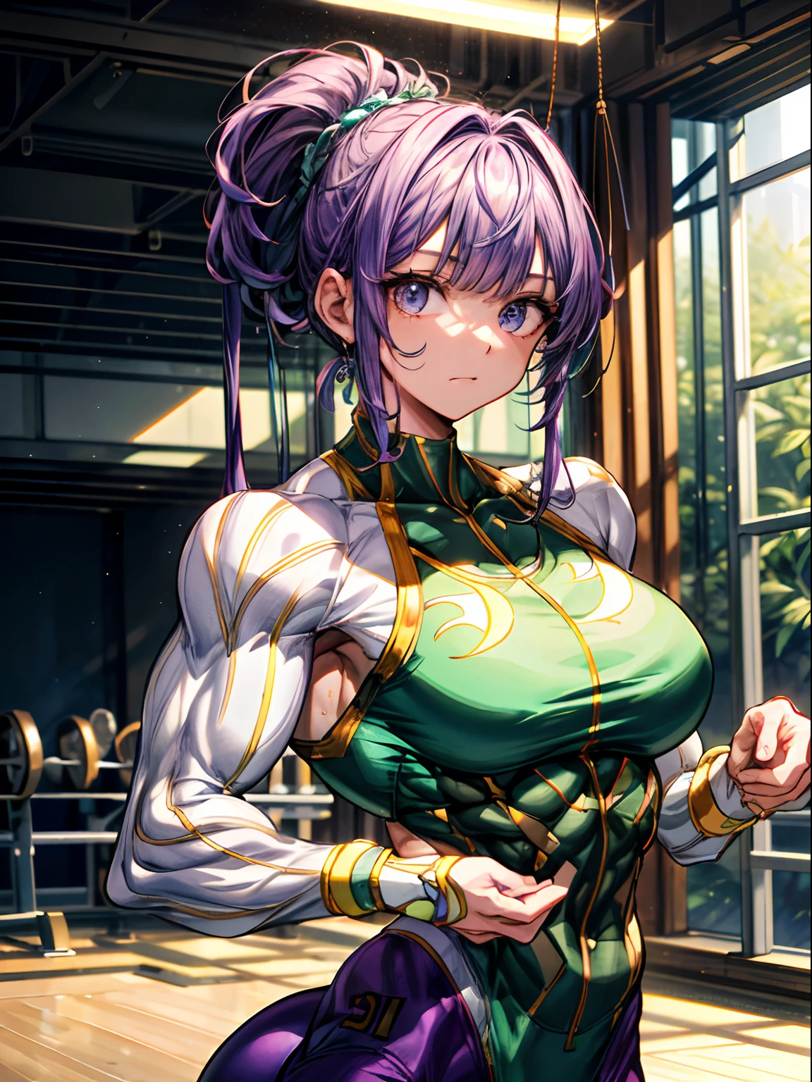 (BEST lighting) , (ultra intricately detailed) , 4K unification, (super-detailed CG: 1.2) , (8K: 1.2),(Original), (Masterpiece) , (Best quality),(Masterpiece:1.4),Anime-ish high quality,(Masterpiece),Masterpiece, Best quality, absurderes,((masterpeace, 4K, 8K, Yes, A high resolution))1girll, One man only，She is in the ballet studio，Ballet costumes, Bulging blood vessels on the arm，Green tendons bulge，Spring, Boots, Perfect figure, Short purple asymmetrical hair, Sweat, ((body builder:1.5)),The strongest in the world，Practice dance studio background,(Beautiful bace),(Girl),(Female),(((Upper body:1)))