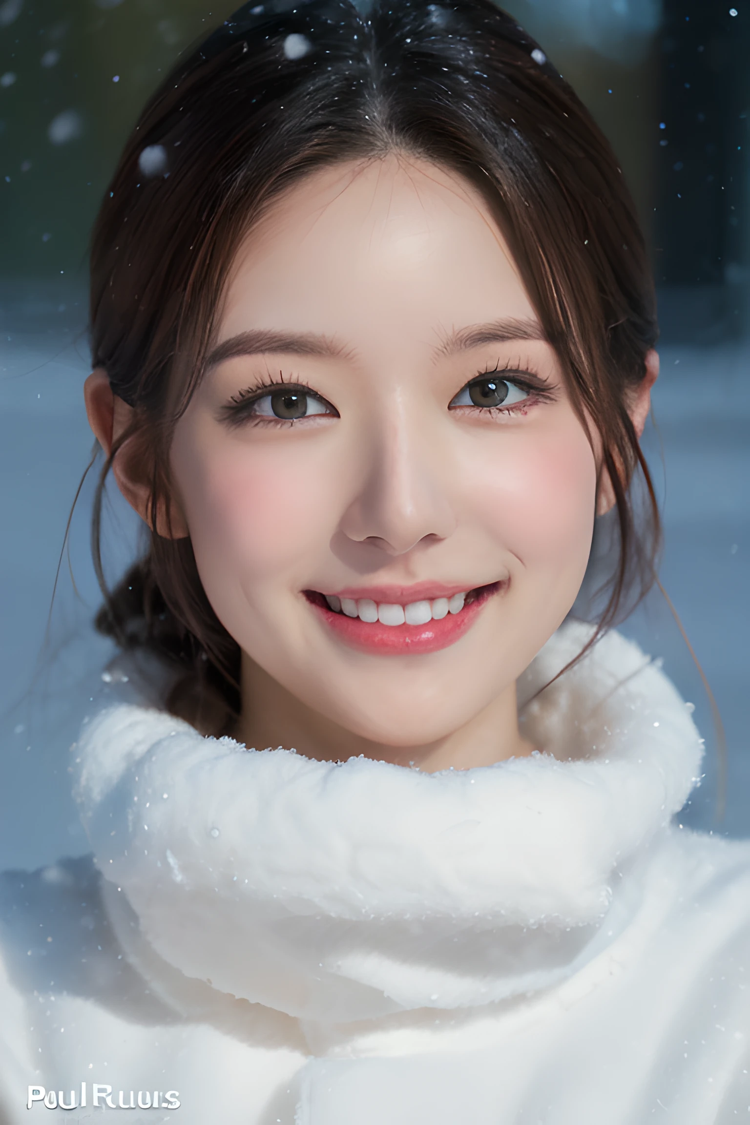 (8k、top-quality、Masterpiece、超A high resolution:1.2) 、(Paul Rubens and Rebecca Guay's style:1.1) 、(Gloomy winter snow:1.4) 、a smile、The upper part of the body