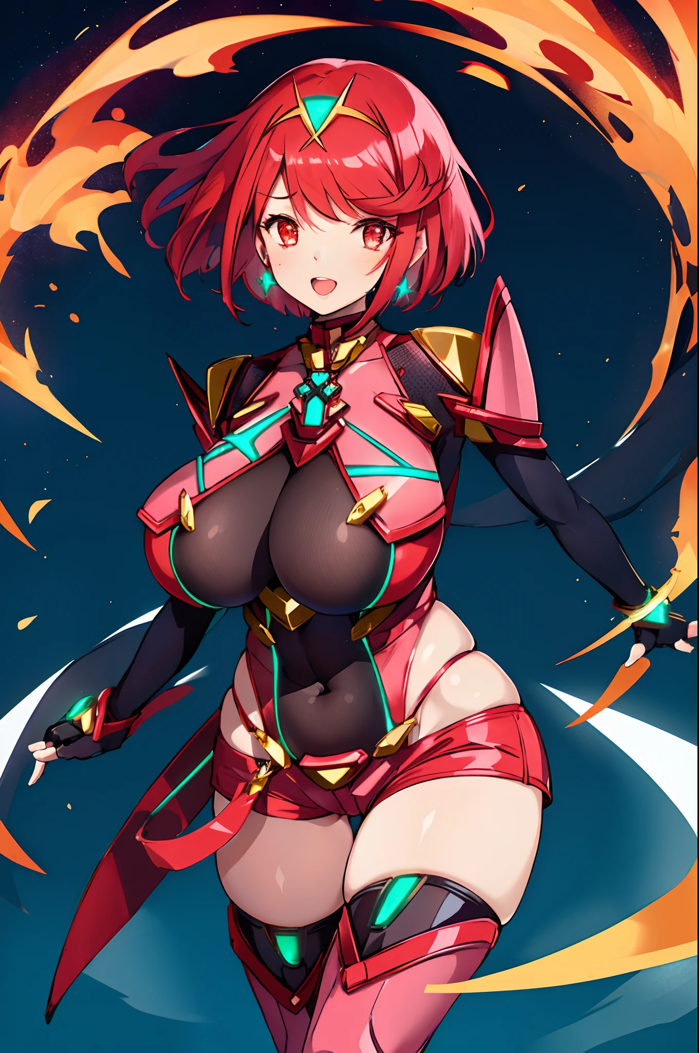 pyra \(xenoblade\), _1girl, armor, bangs, black gloves, breasts, red eyes, closed mouth, earrings, eyelashes, fingerless gloves, floating hair, framed breasts, gem, gloves, hair ornament, headpiece, jewelry, big_breasts, leaning back, leotard, neon trim, official art, pose, red hair, red shorts, saitou masatsugu, short hair, short shorts, short sleeves, shorts, sidelocks, skin tight, solo, standing, swept bangs, thighhighs, tiara, night_prairie_background, turtleneck, underbust, vambraces, xenoblade chronicles \(series\), (xenoblade chronicles 2), apart_legs, fire_effect,dynamic_pose_fighting,light_smile, (plump:1.1), big_ass,huge_sword, hold_large_sword_hilt, solo, covered_nipples, covered_pussy,open_mouth,