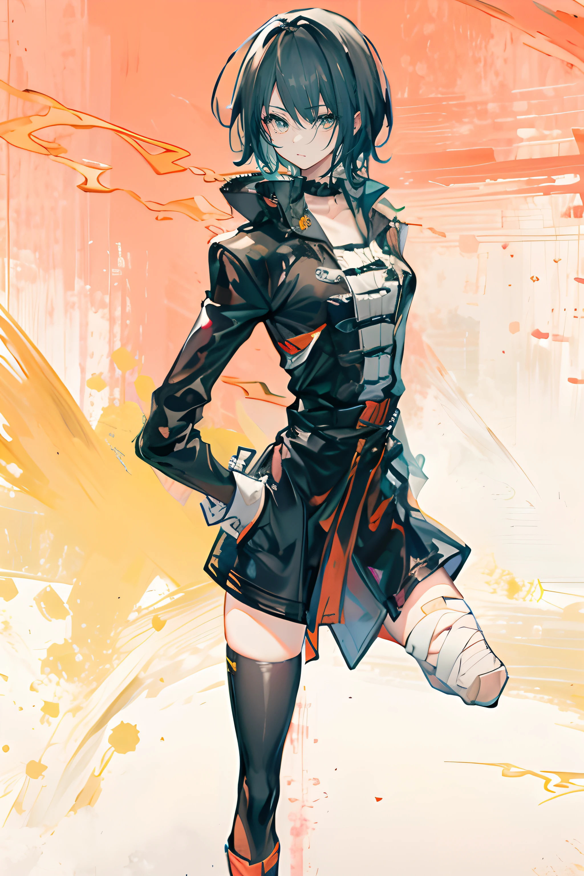 A painting of a dressed in black, Best anime 4k konachan wallpaper, Anime figure; Full-body art, anime full body illustration, anime woman fullbody art, female anime character, anime visual of a young woman, detailed anime character art, Female action anime girl, best anime character design, Anime girl in black trench coat,There is no left leg,Disability in the left leg,Bandage on the severed limb of the left leg