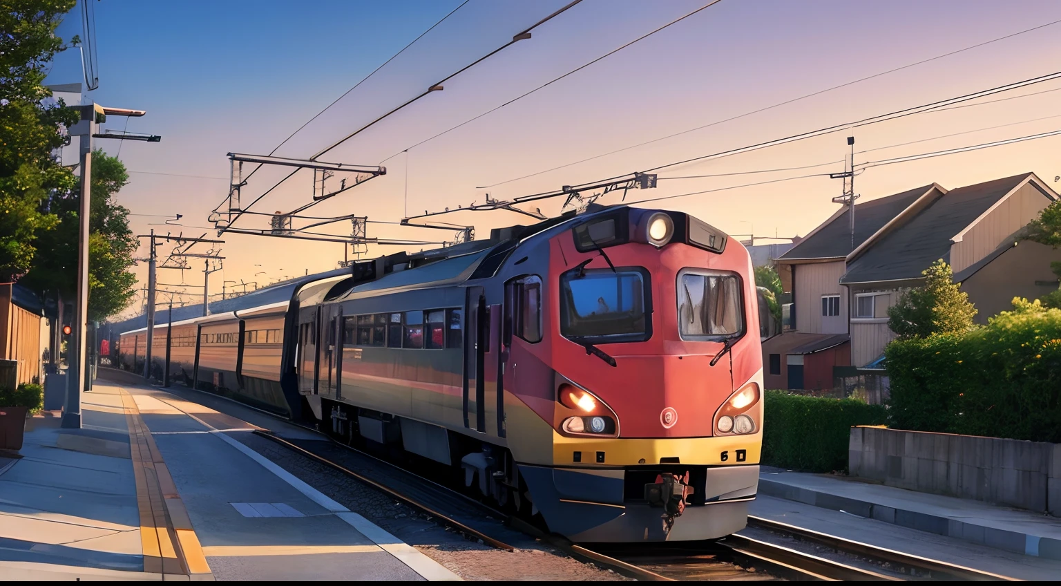 Anime picture of a train passing through the city, vibrating nearby houses