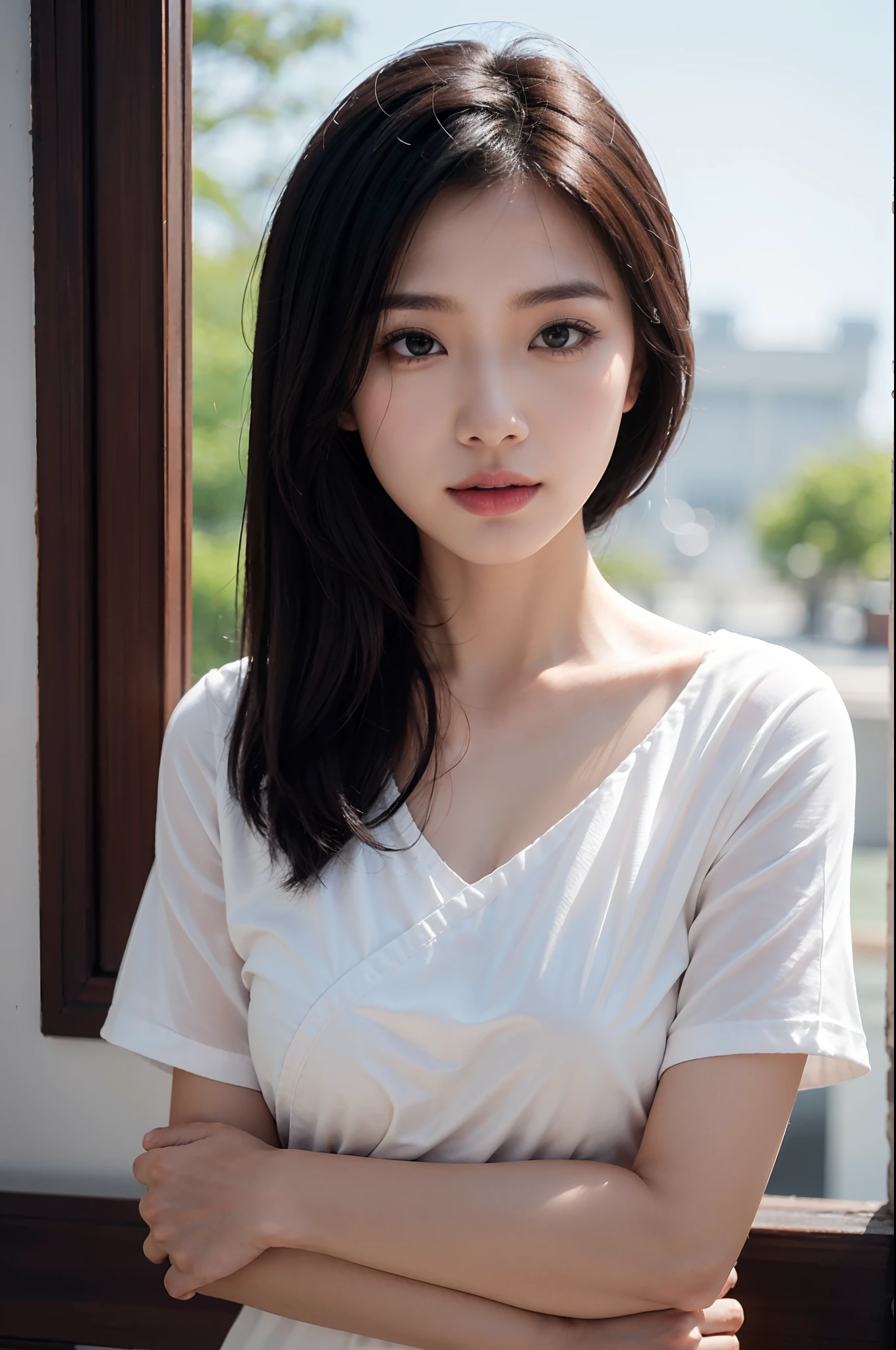 1female,The upper part of the body,Clean face,Black short sleeves,Master masterpieces,f/2.8 apertures,85MM FIXED,4K,4800 pixels,Whitening skin,Draped with hair