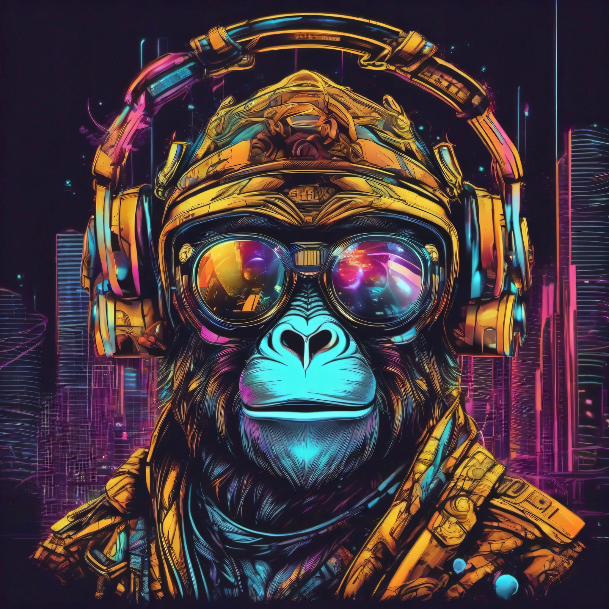 A futuristic monkey figure, with lights in eyes, surrounded by vibraprint ready vector t-shirt design, cyberpunk monkey illustration, side view, sticker, clean white background, professional vector, high detail, t-shirt design, graffiti, vibrant nt futuristic cityscape.