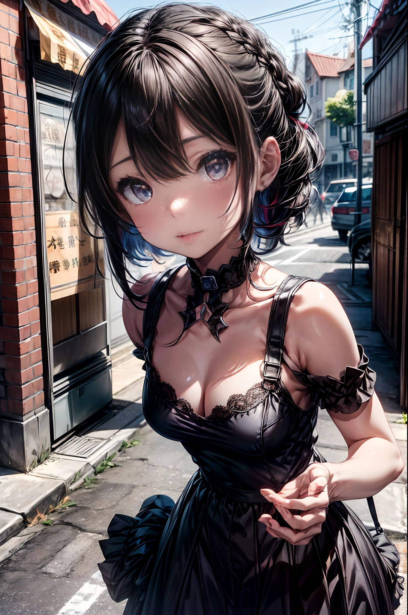 mash kyrielight, White hair, short hair, red eyes, girl, woman, female, , child,ears olir, curly hair, bangs, eyes visible through hair, side braid, white and black hair, multicolored hair, red inner color, beautiful detailed Glass hair, delicate beautiful face, red pupils, fangs, small_breasts, pale blue eyes, white skin, choker, gloves, nice hands, perfect hands, camisole, holding fruit, lemon, grapefruit, parted lips, blush, skirt, earring, holding food, bang, in fruit market, more_details:-1, more_details:0, more_details:0.5, more_details:1, more_details:1.5